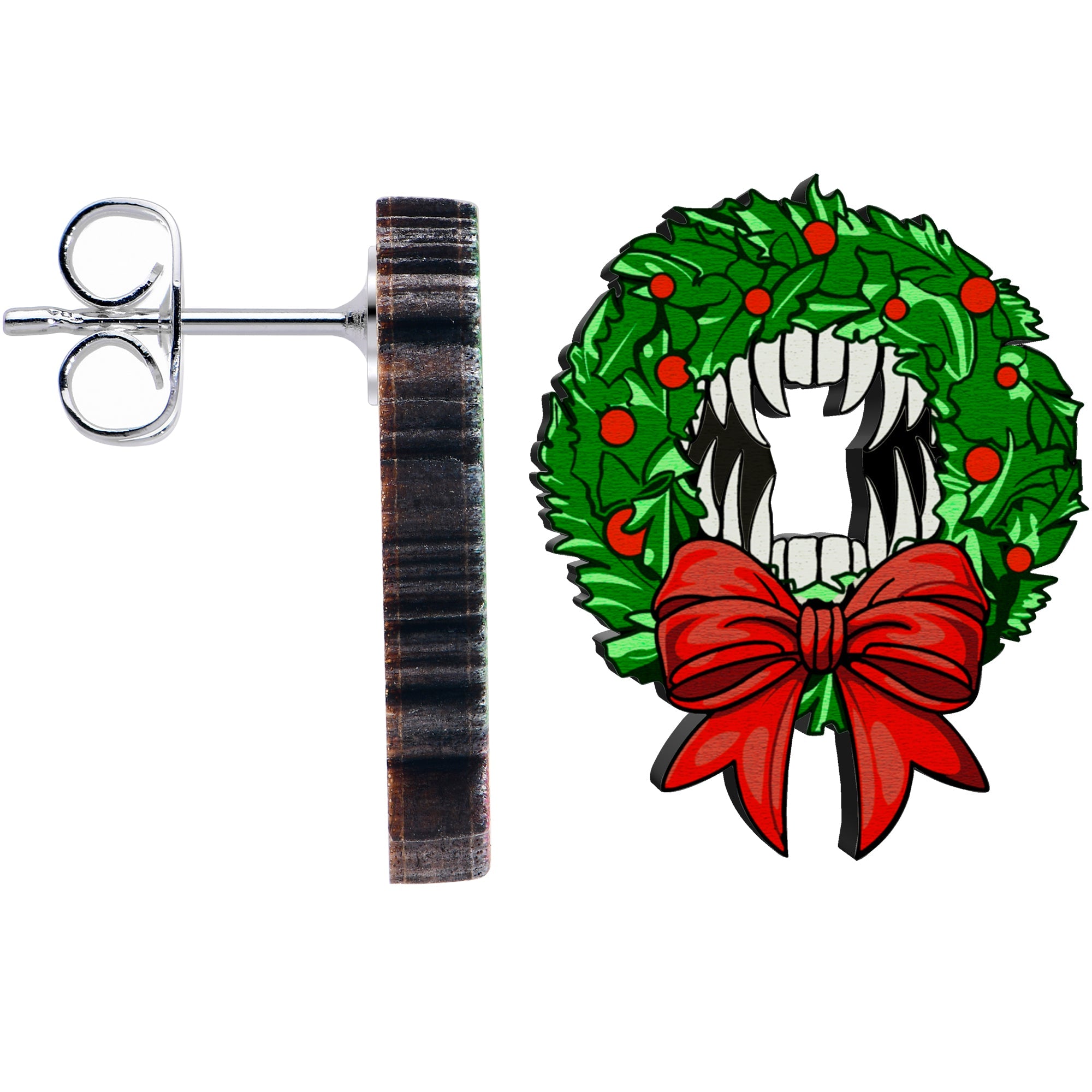 BodyCandy Handmade Wooden Vampire Wreath Holiday Christmas Stud Earrings by Onyx O — side view