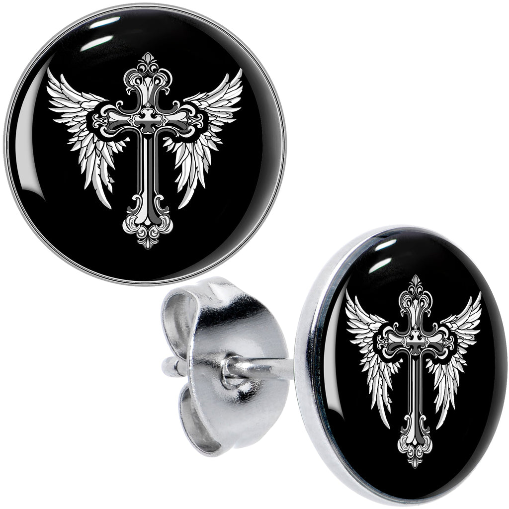 BodyCandy Black White Winged Cross Stud Earrings by Onyx O — main product shot
