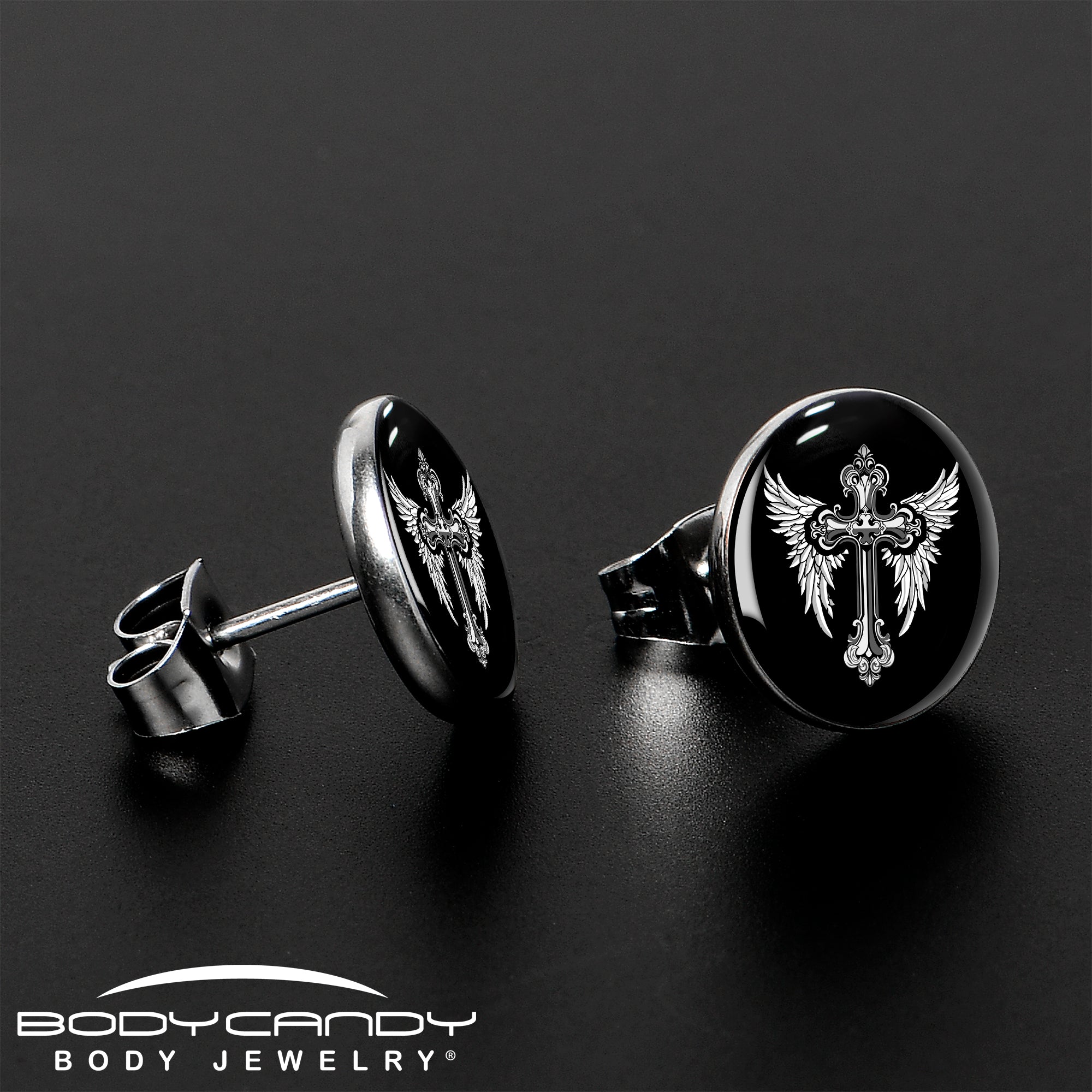 BodyCandy Black White Winged Cross Stud Earrings by Onyx O — lifestyle context