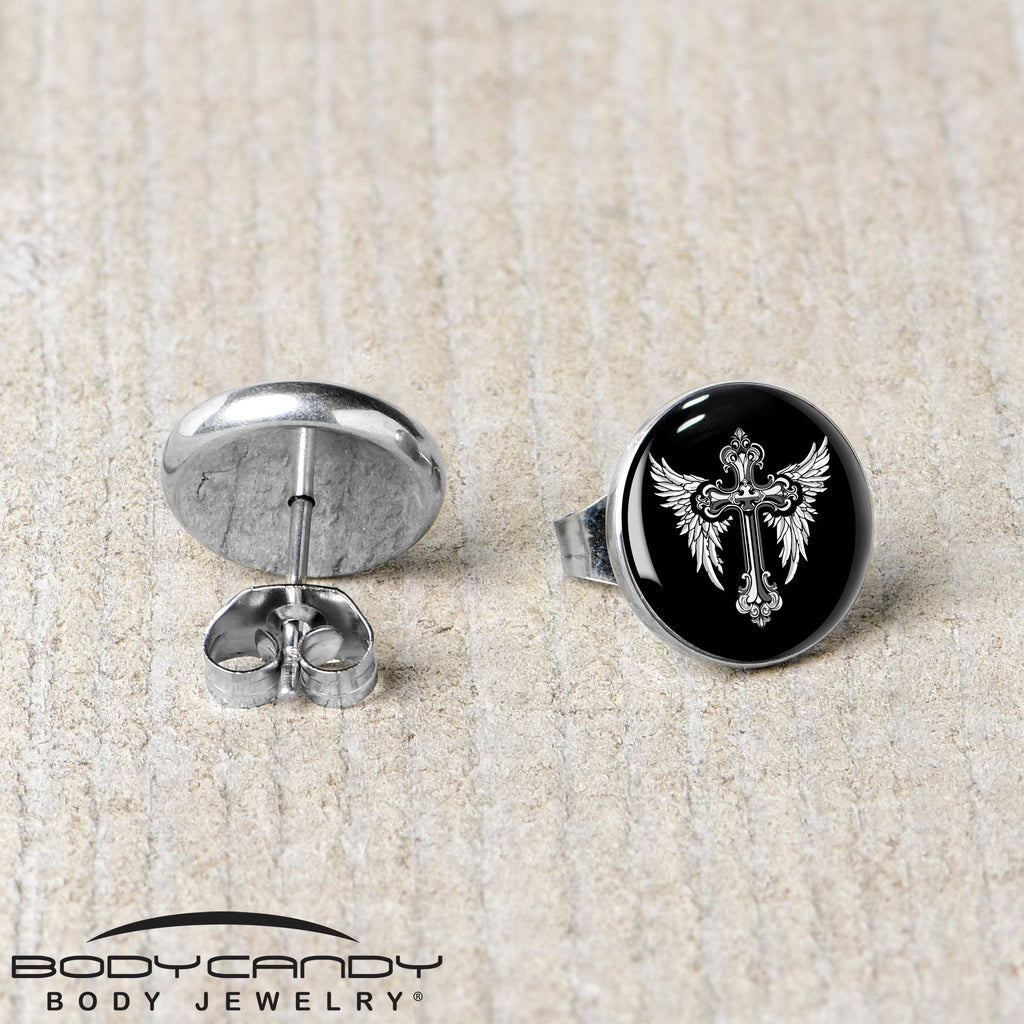BodyCandy Black White Winged Cross Stud Earrings by Onyx O — back view