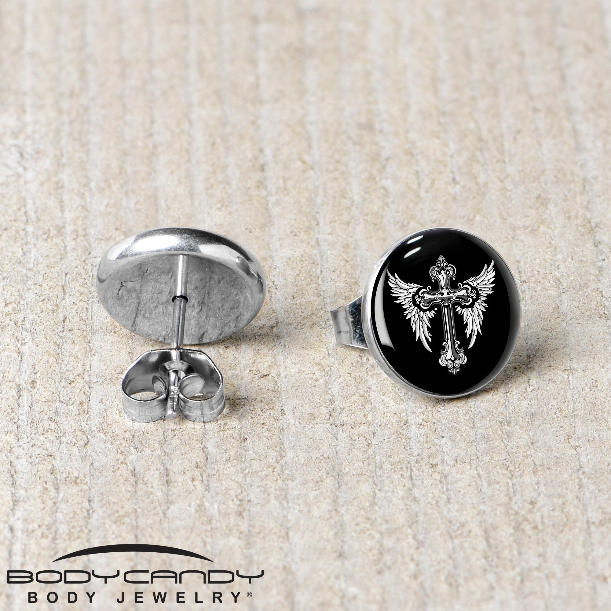 BodyCandy Black White Winged Cross Stud Earrings by Onyx O — back view