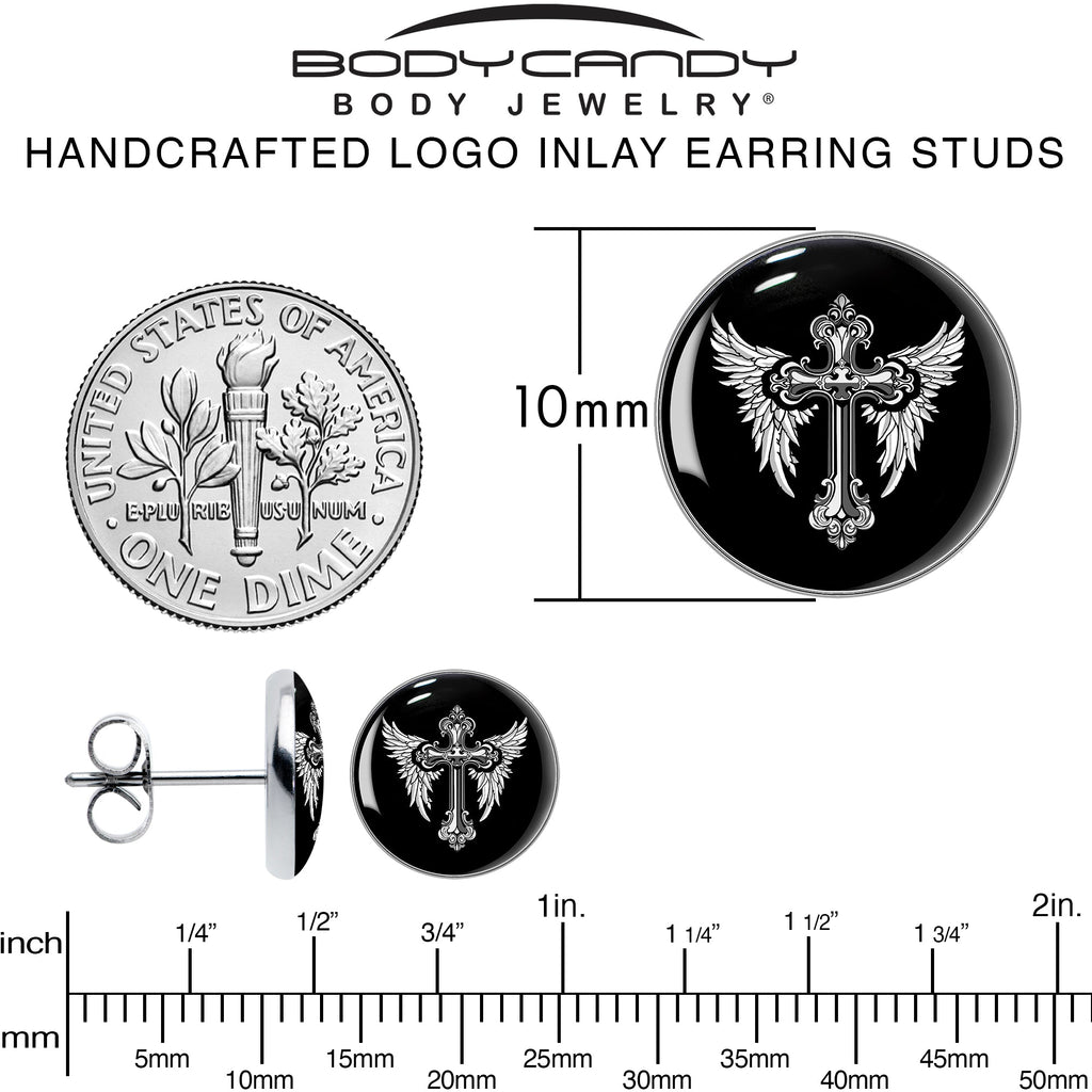 BodyCandy Black White Winged Cross Stud Earrings by Onyx O — alternative angle