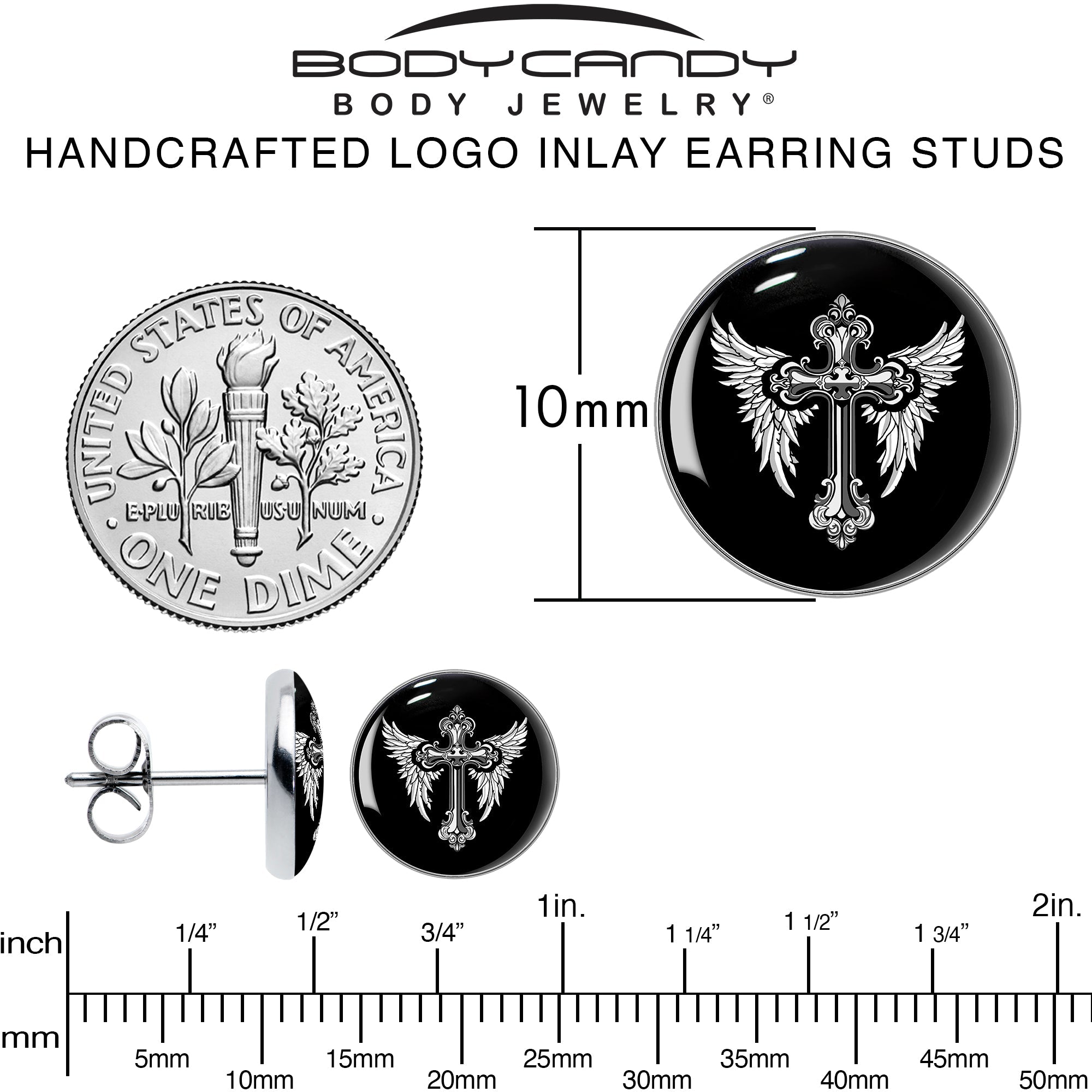 BodyCandy Black White Winged Cross Stud Earrings by Onyx O — alternative angle