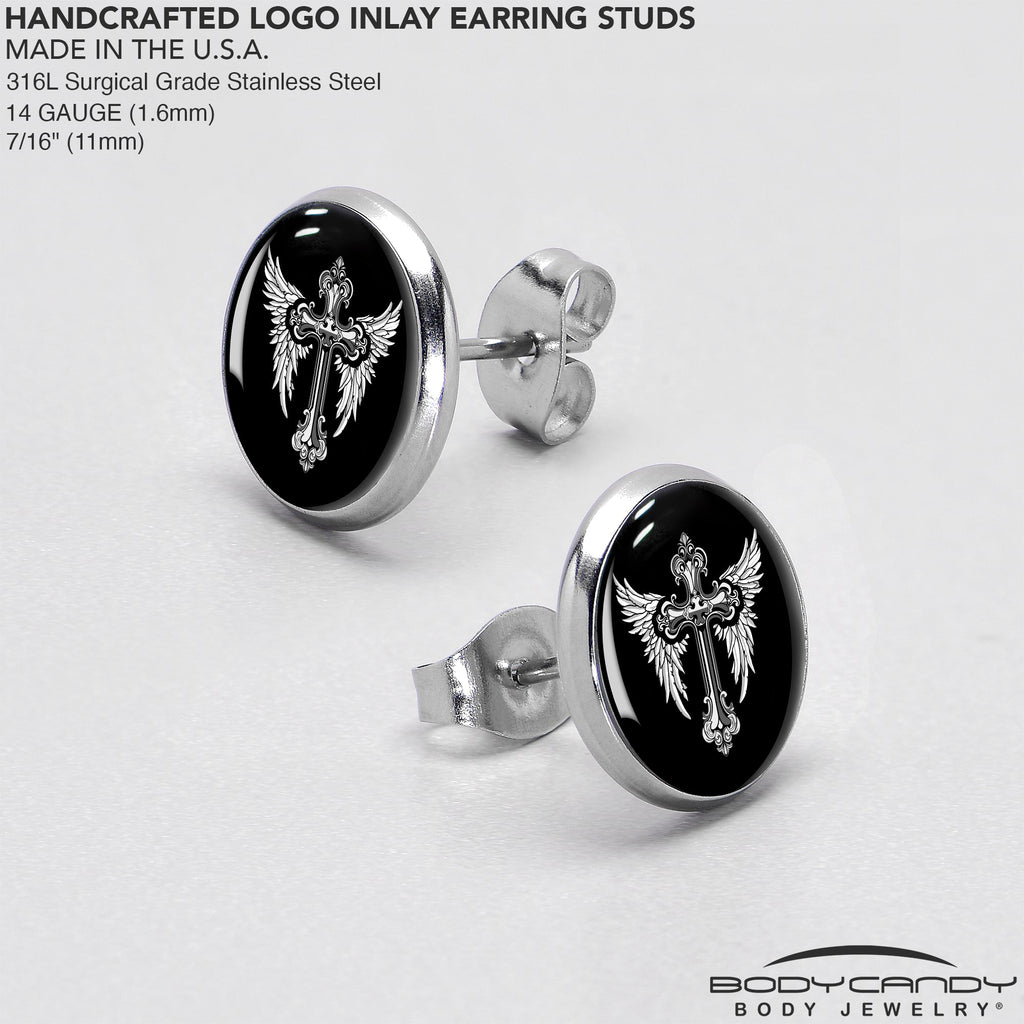 BodyCandy Black White Winged Cross Stud Earrings by Onyx O — in-use photo