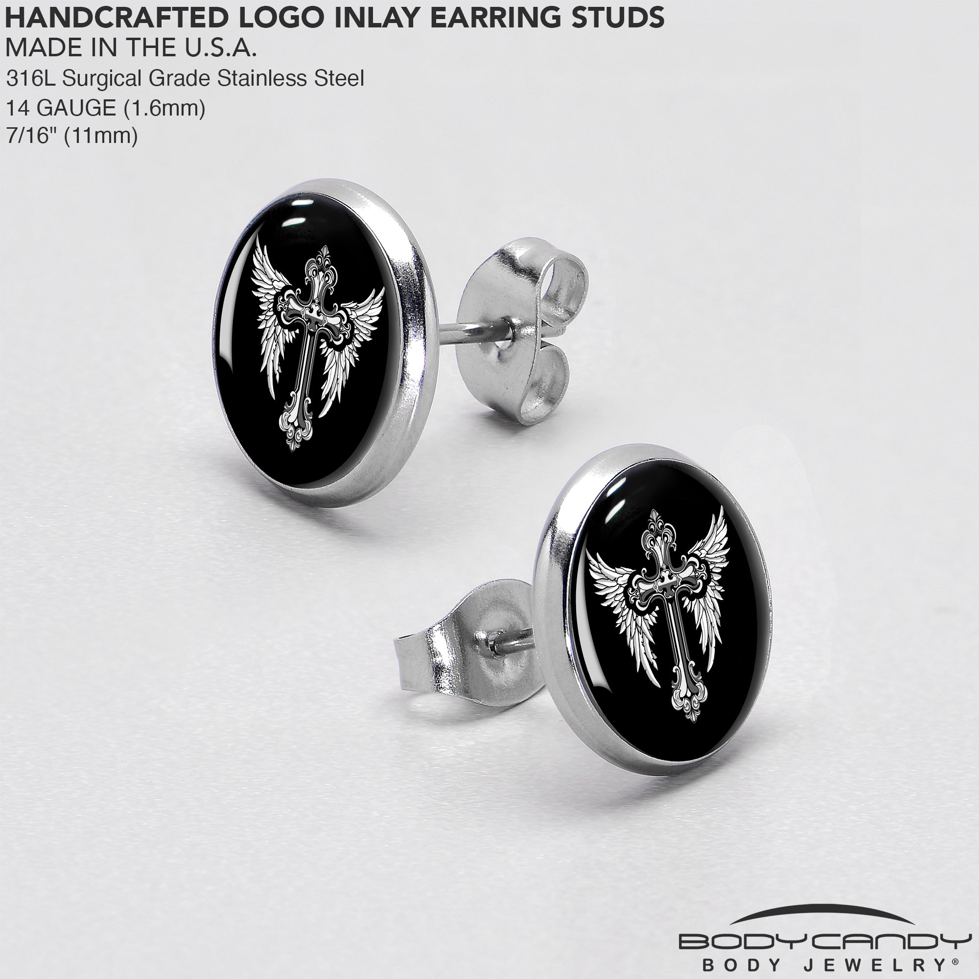 BodyCandy Black White Winged Cross Stud Earrings by Onyx O — in-use photo