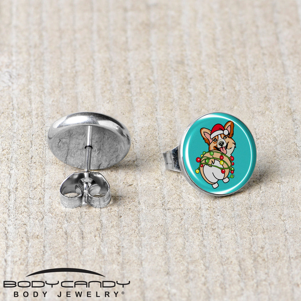 BodyCandy Christmas Holiday Lights Corgi Dog Stud Earrings by Onyx O — back view