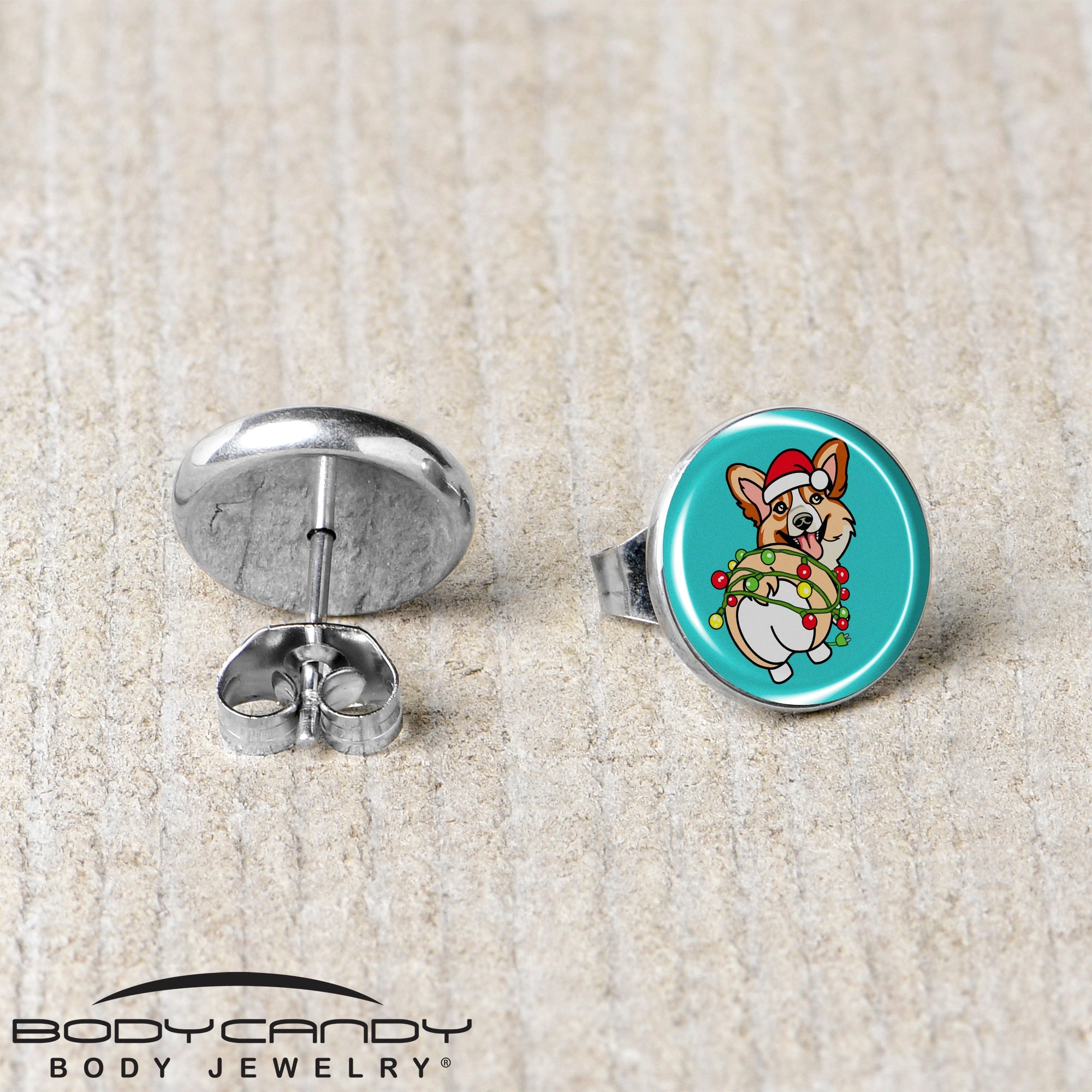 BodyCandy Christmas Holiday Lights Corgi Dog Stud Earrings by Onyx O — back view