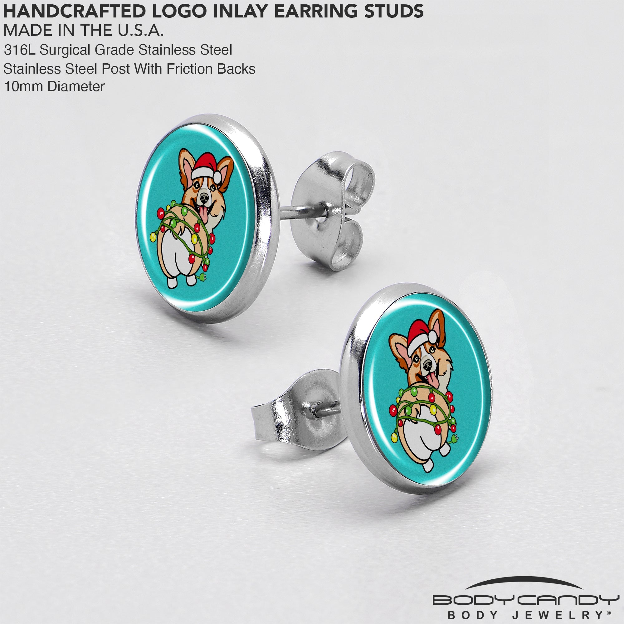 BodyCandy Christmas Holiday Lights Corgi Dog Stud Earrings by Onyx O — in-use photo