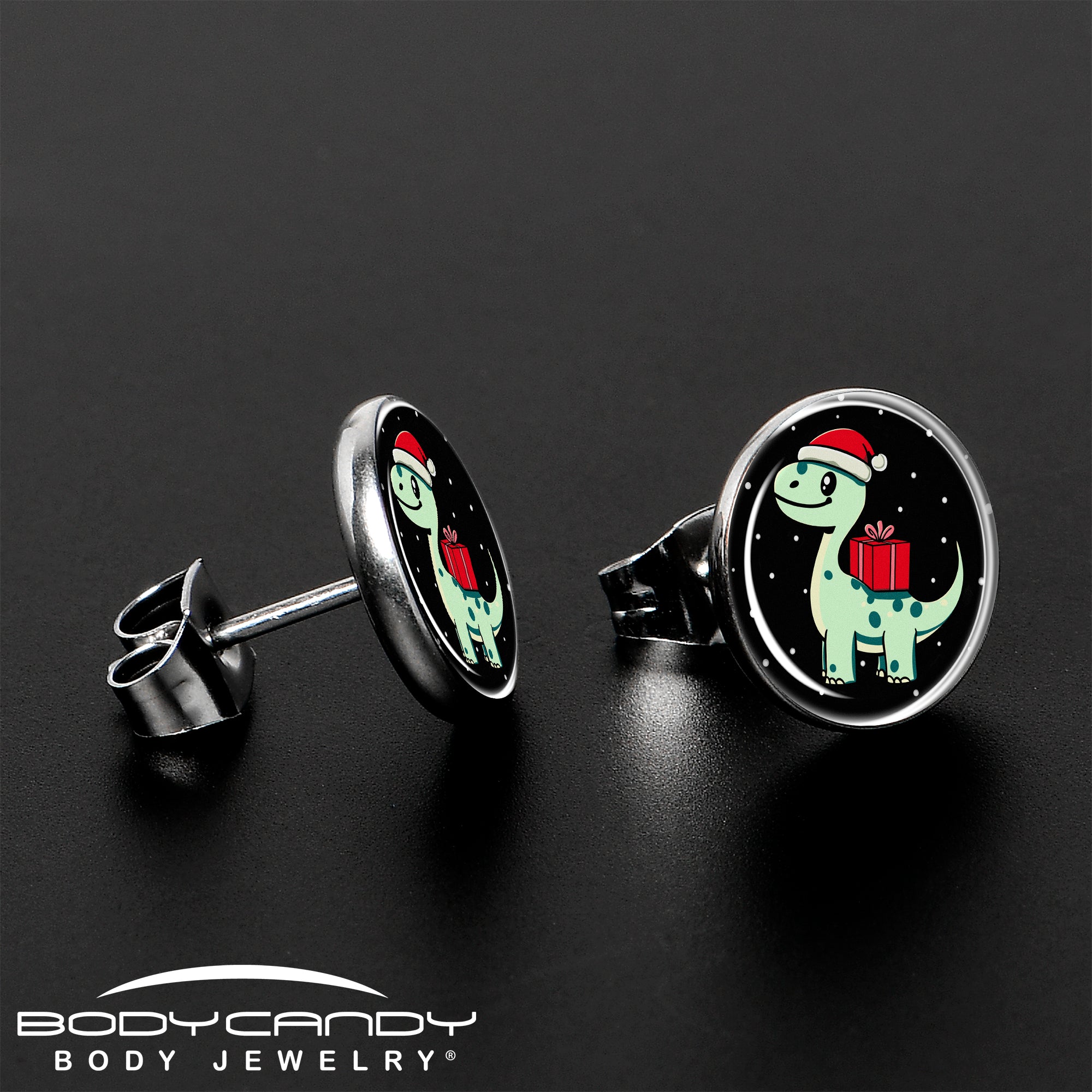 BodyCandy Christmas Holiday Dinosaur Stud Earrings by Onyx O — lifestyle context
