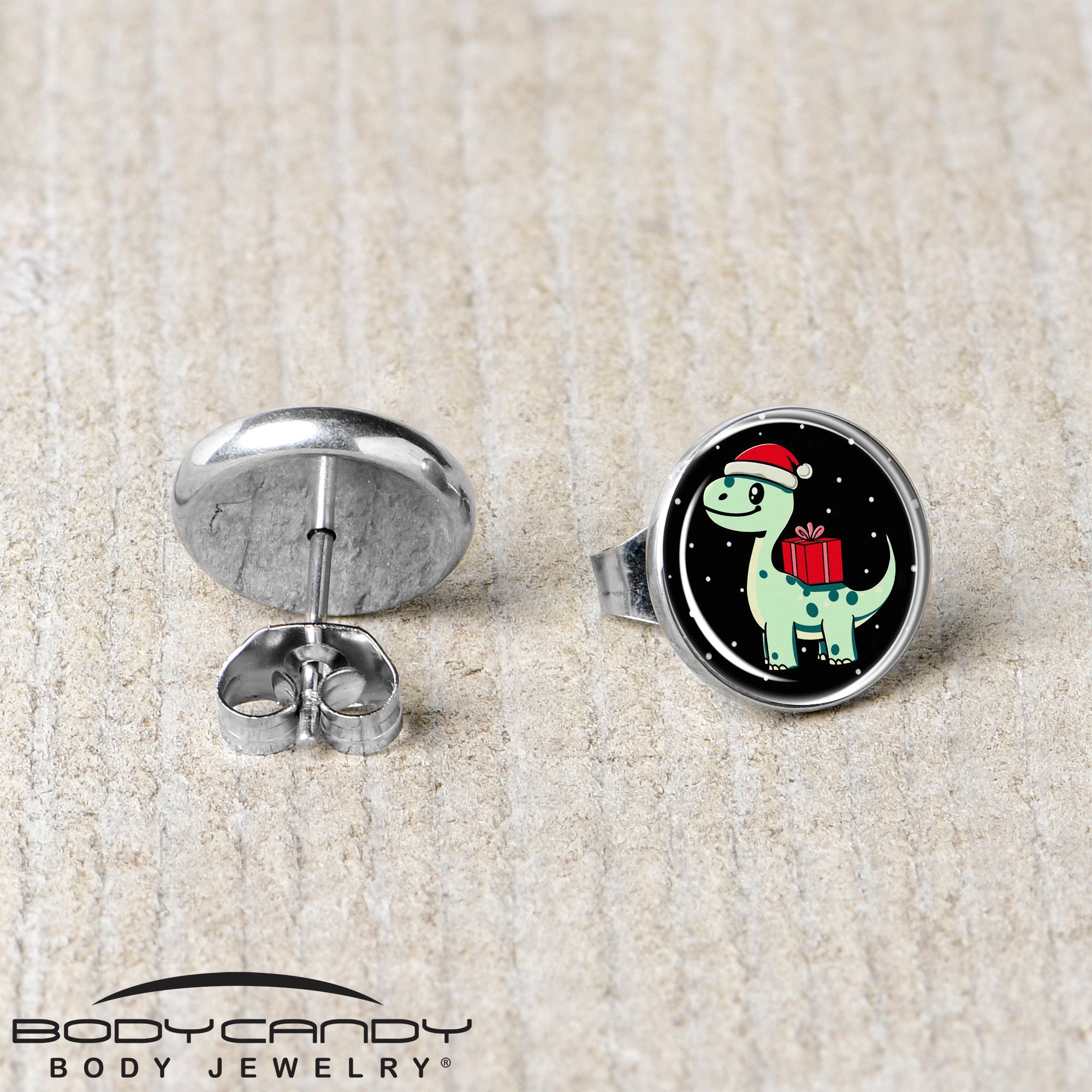BodyCandy Christmas Holiday Dinosaur Stud Earrings by Onyx O — back view