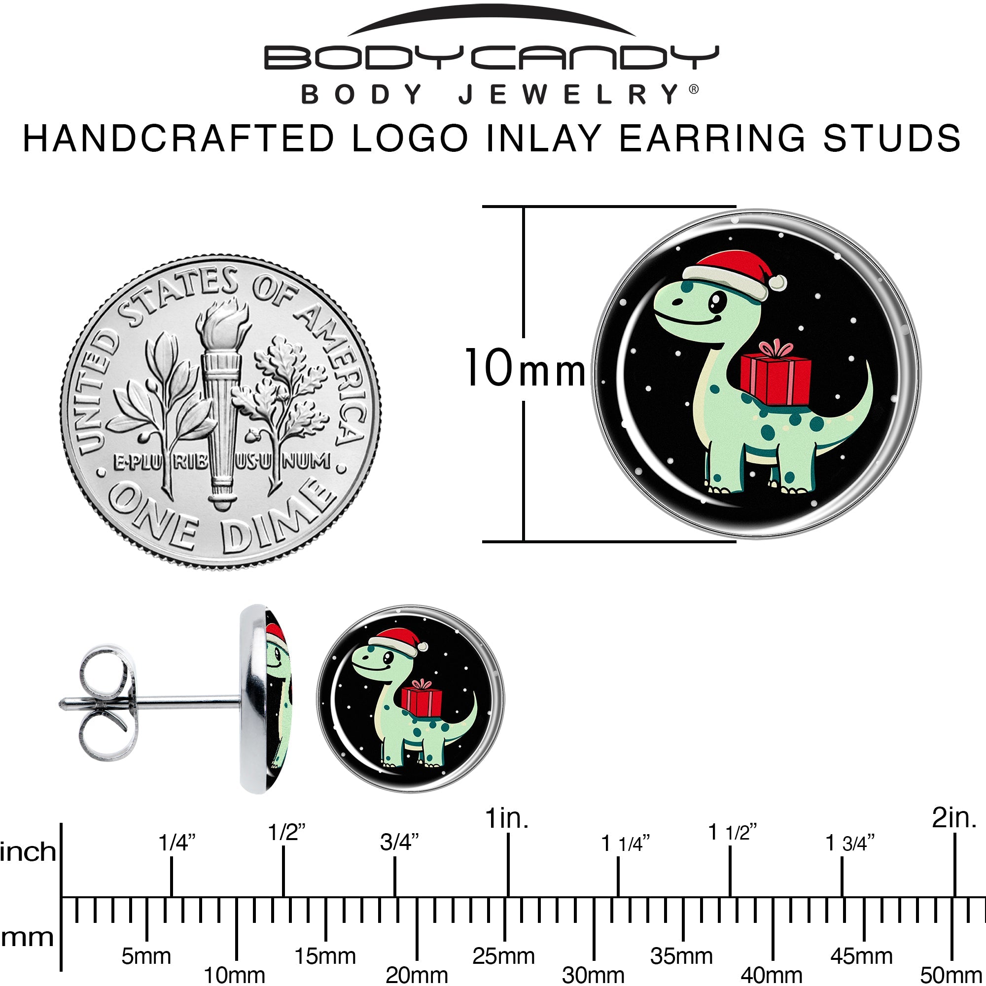 BodyCandy Christmas Holiday Dinosaur Stud Earrings by Onyx O — alternative angle