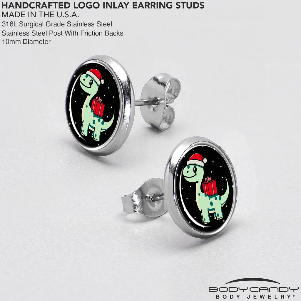 BodyCandy Christmas Holiday Dinosaur Stud Earrings by Onyx O — in-use photo