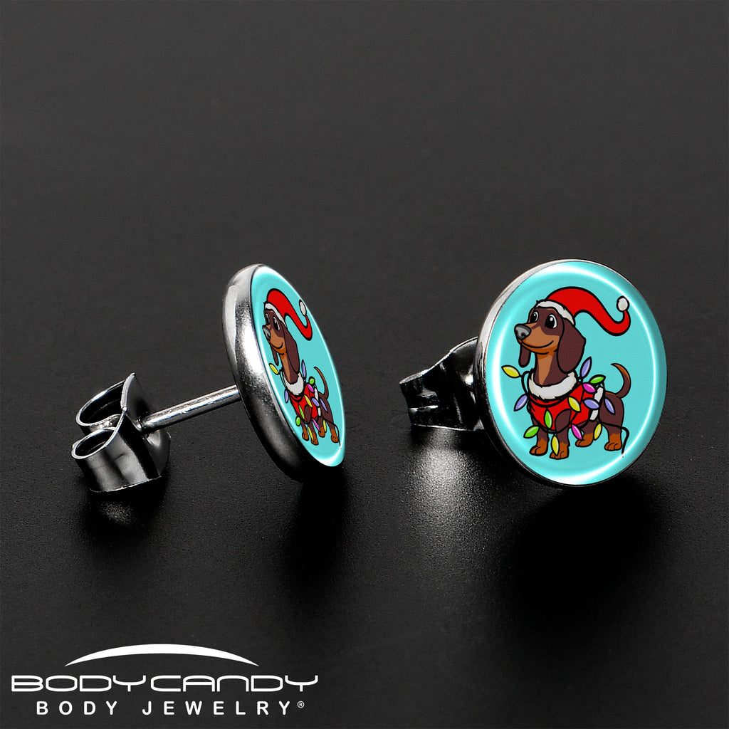 BodyCandy Christmas Holiday Weiner Dog Stud Earrings by Onyx O — lifestyle context