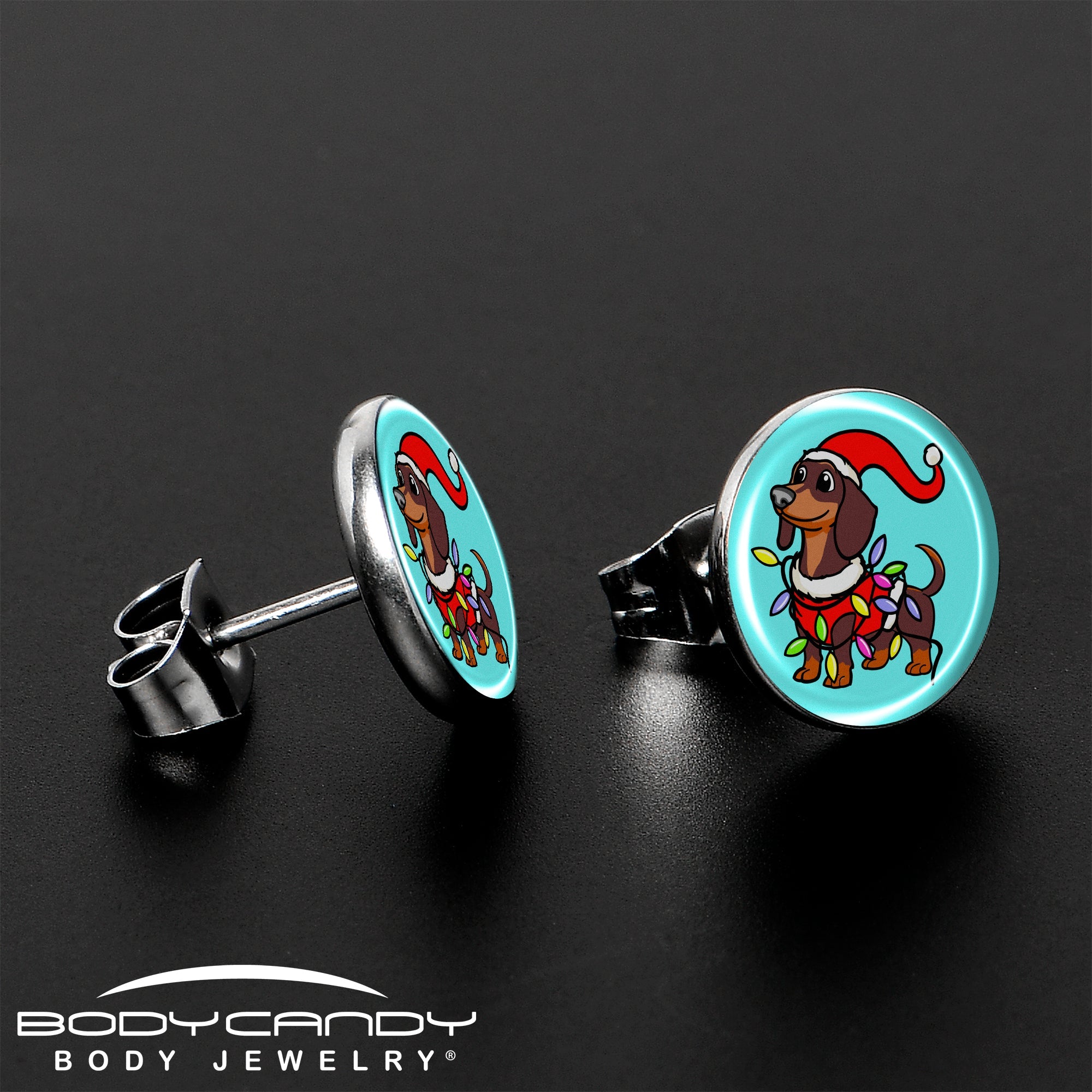 BodyCandy Christmas Holiday Weiner Dog Stud Earrings by Onyx O — lifestyle context