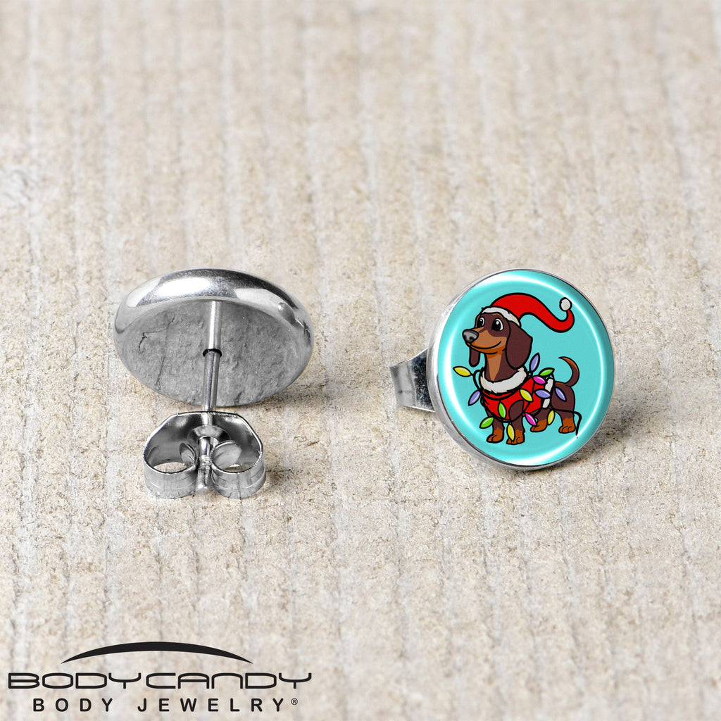 BodyCandy Christmas Holiday Weiner Dog Stud Earrings by Onyx O — back view