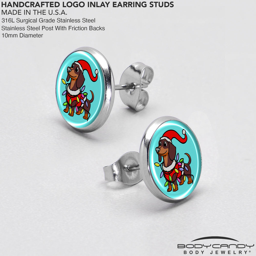 BodyCandy Christmas Holiday Weiner Dog Stud Earrings by Onyx O — in-use photo