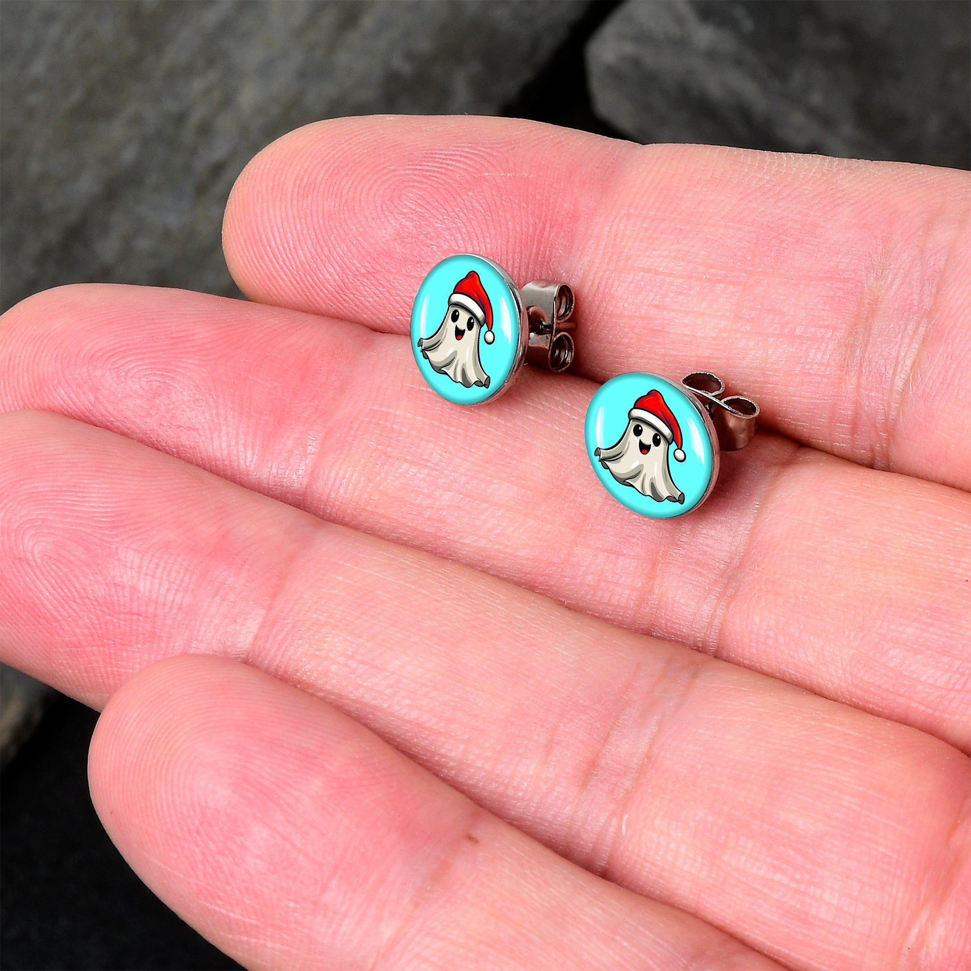 BodyCandy Holiday Christmas Spirit Ghost Stud Earrings by Onyx O — detail close-up