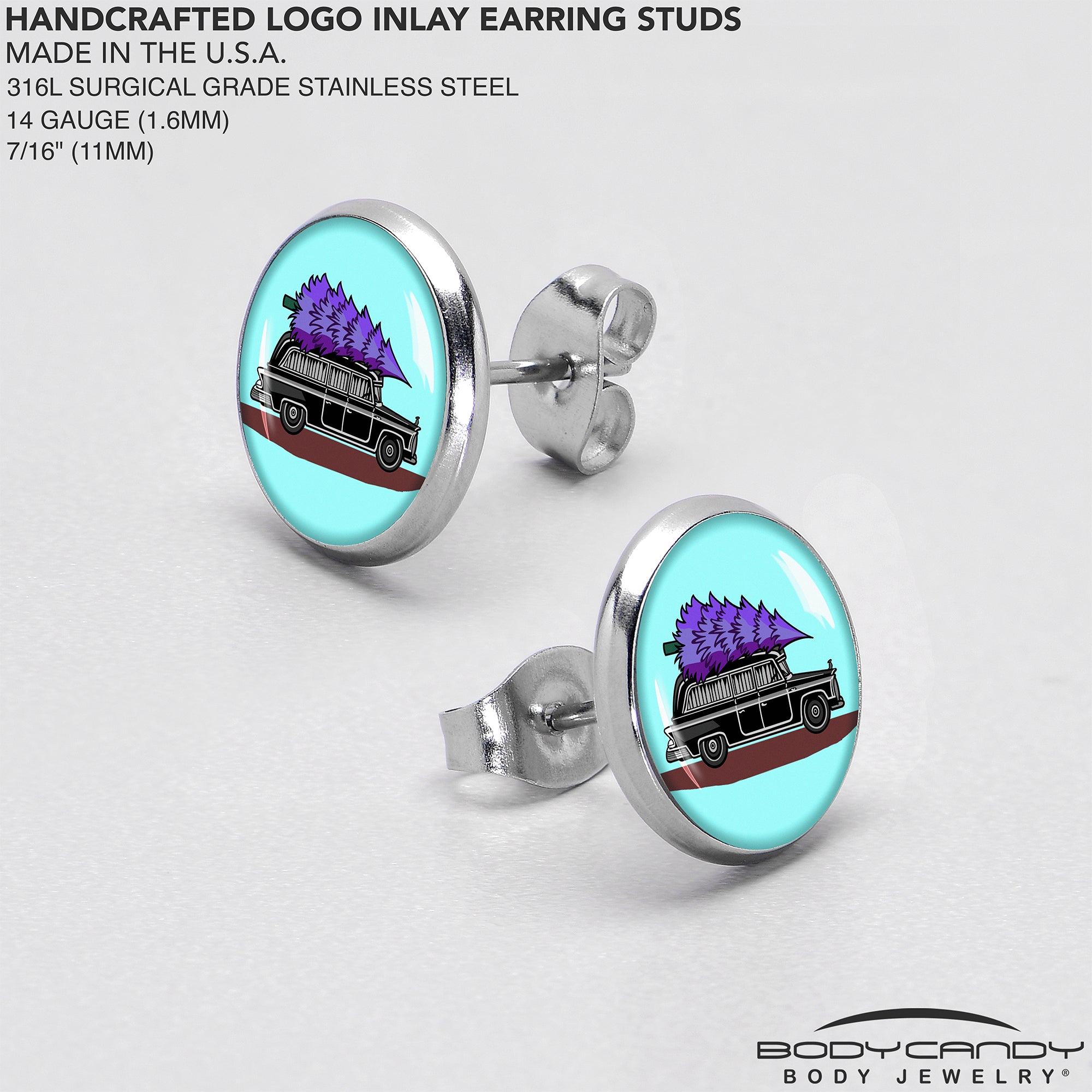 BodyCandy Holiday Christmas Hearse Stud Earrings by Onyx O — alternative angle