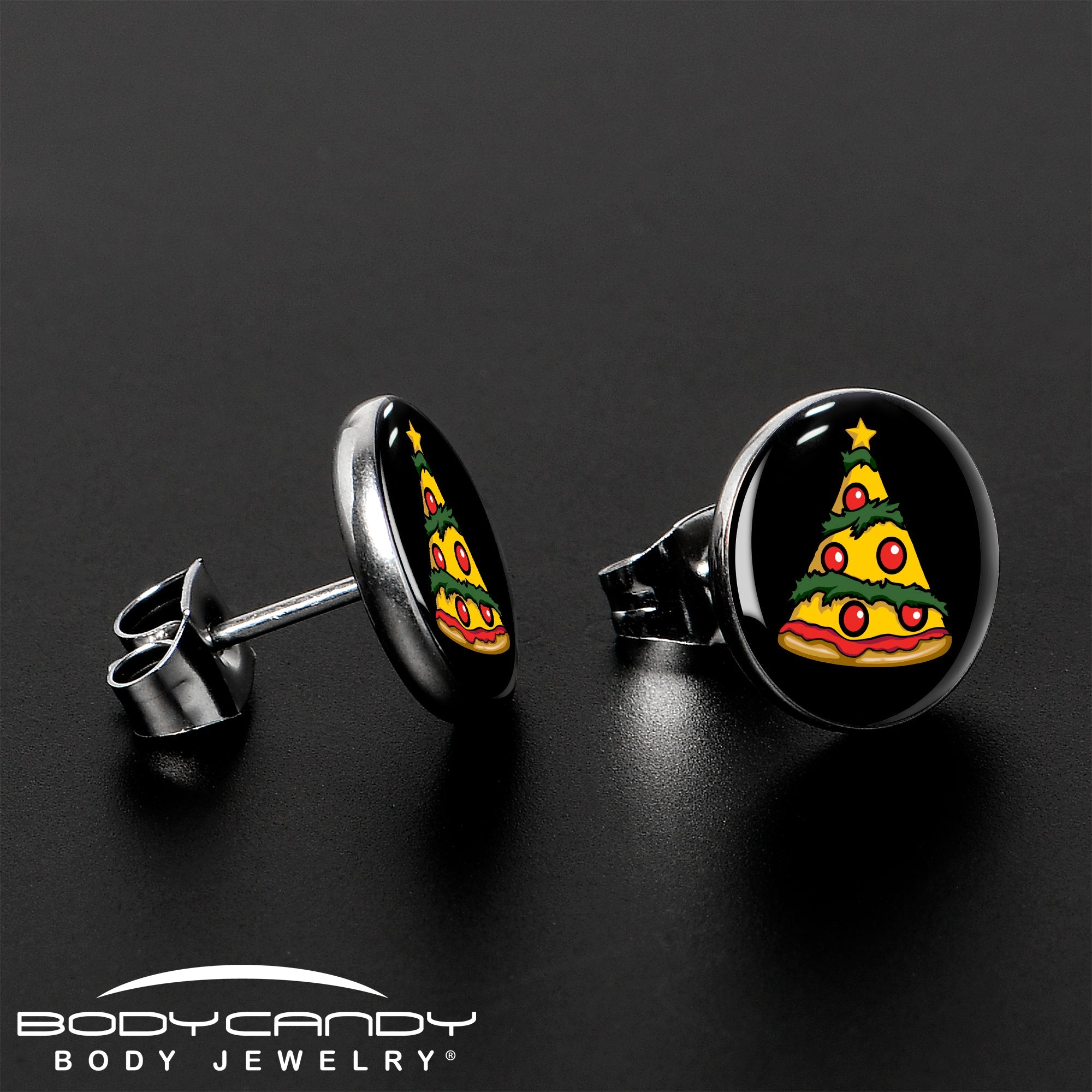 BodyCandy Christmas Holiday Pizza Tree Stud Earrings by Onyx O — lifestyle context