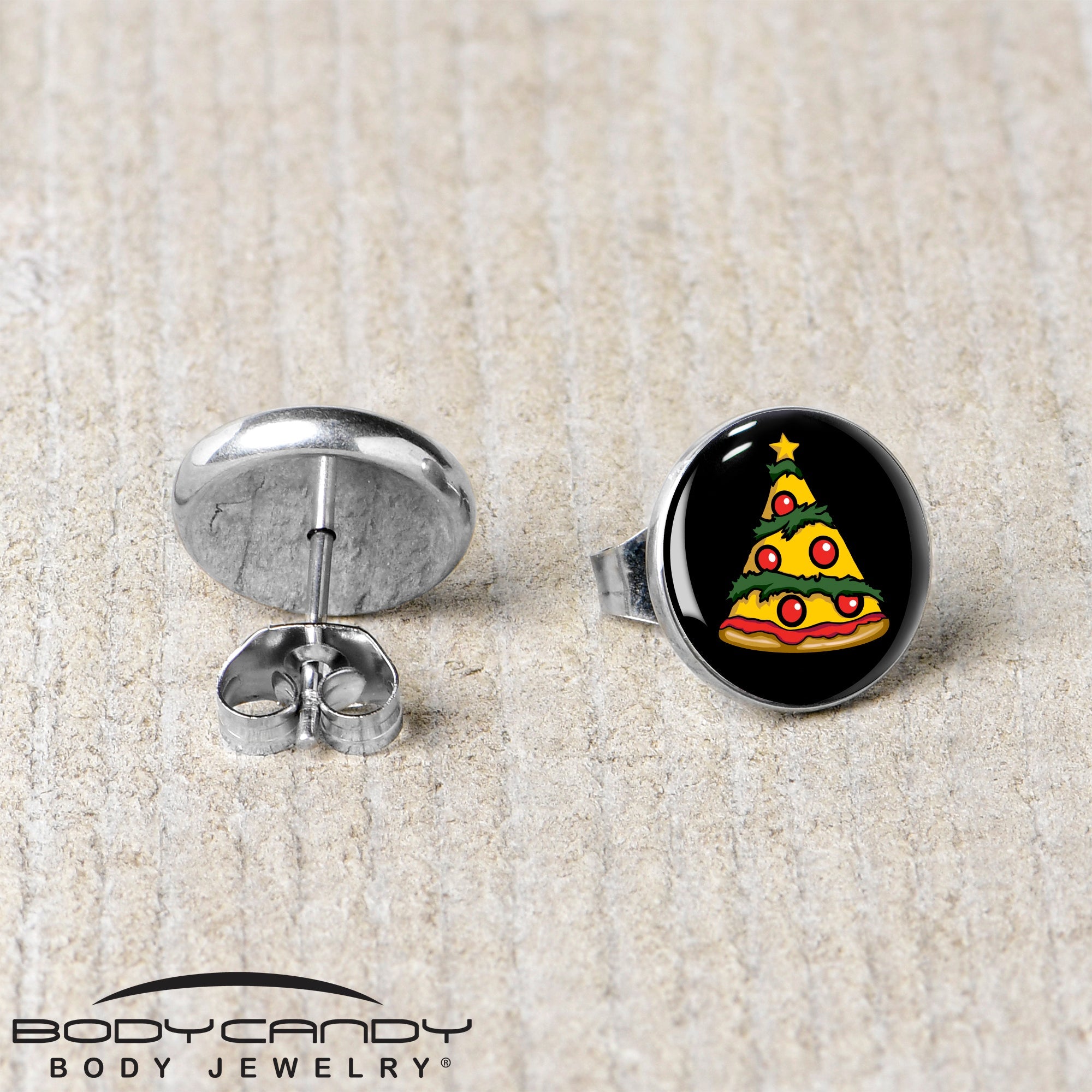 BodyCandy Christmas Holiday Pizza Tree Stud Earrings by Onyx O — back view
