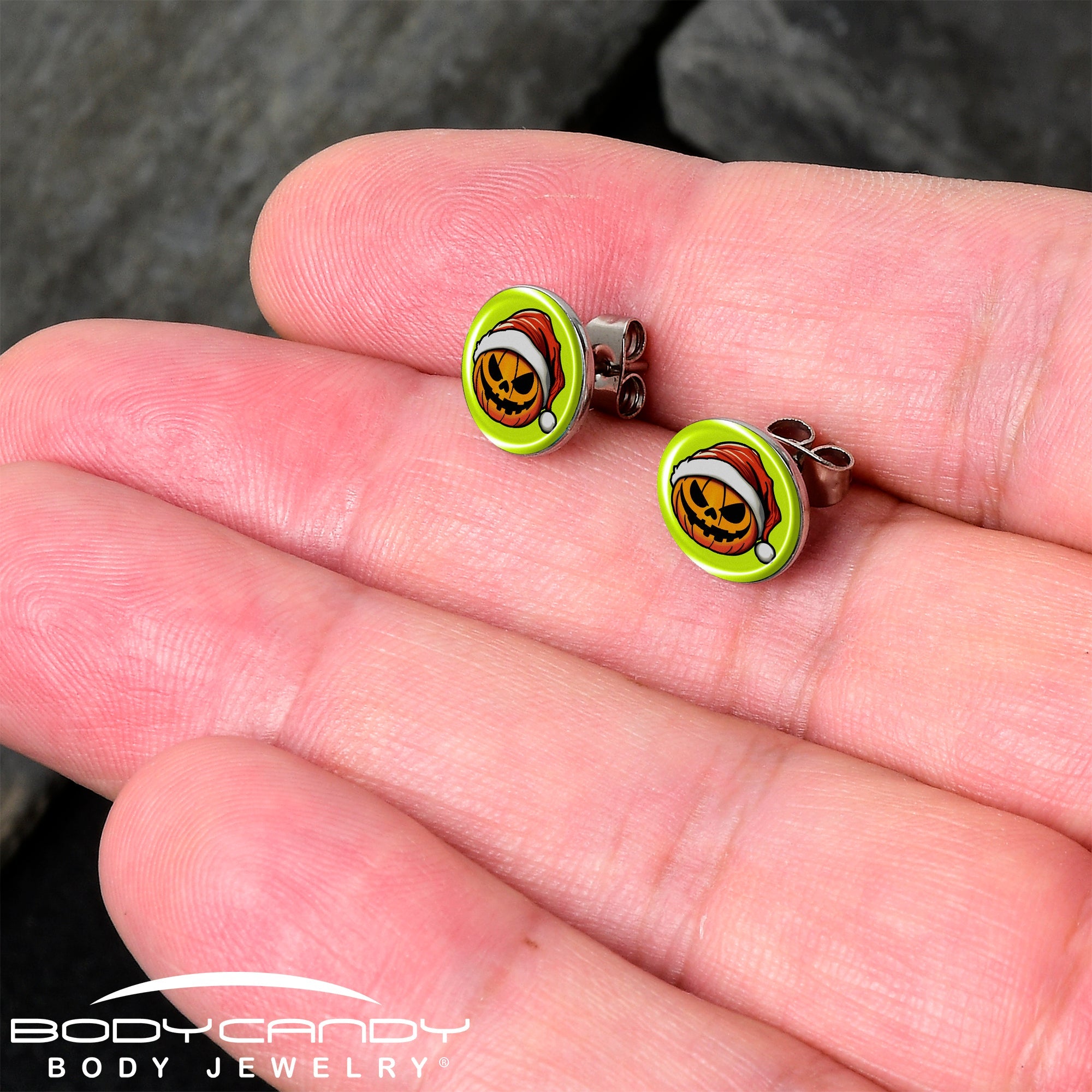 BodyCandy Christmas Holiday Santa Hat Pumpkin Stud Earrings by Onyx O — detail close-up