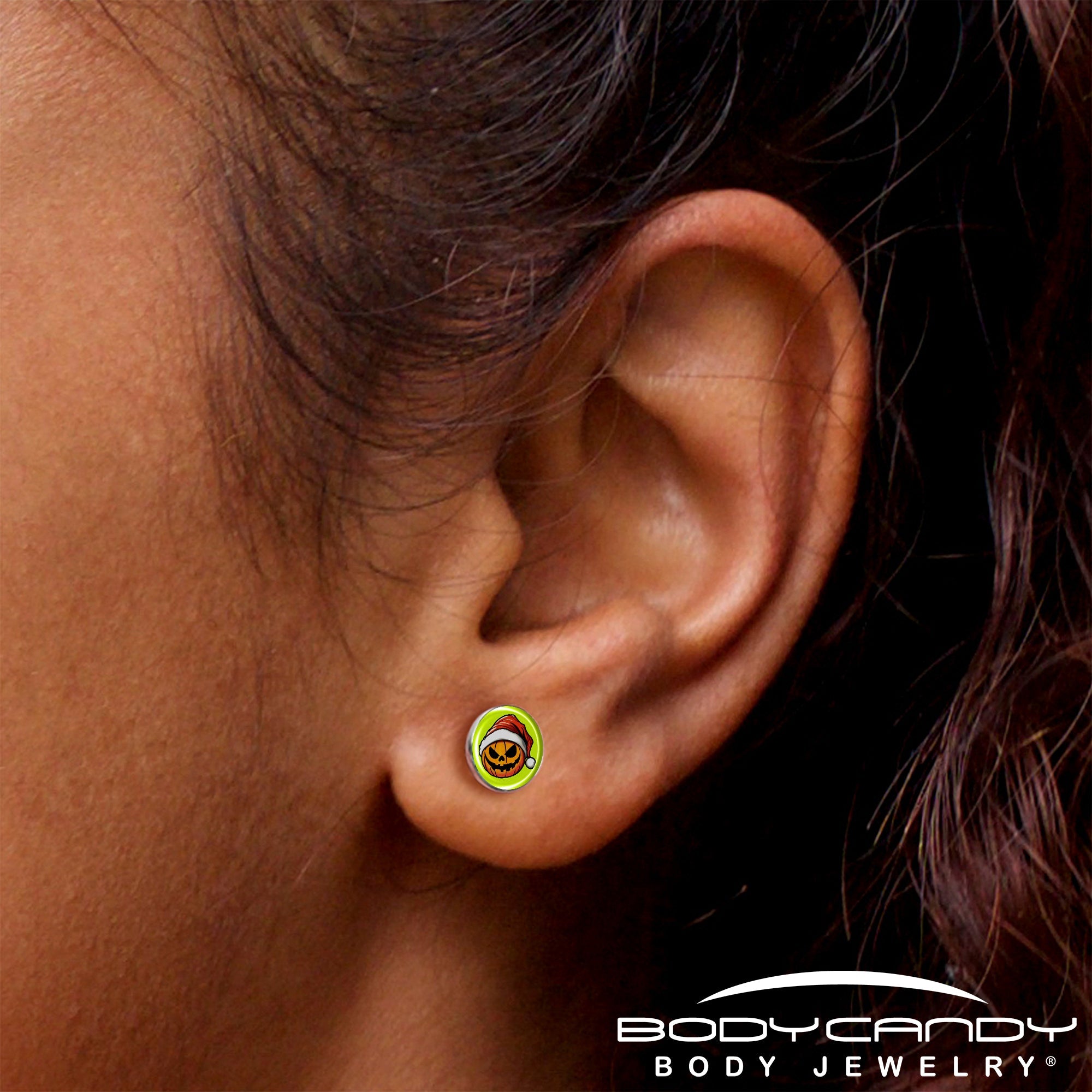 BodyCandy Christmas Holiday Santa Hat Pumpkin Stud Earrings by Onyx O — size reference
