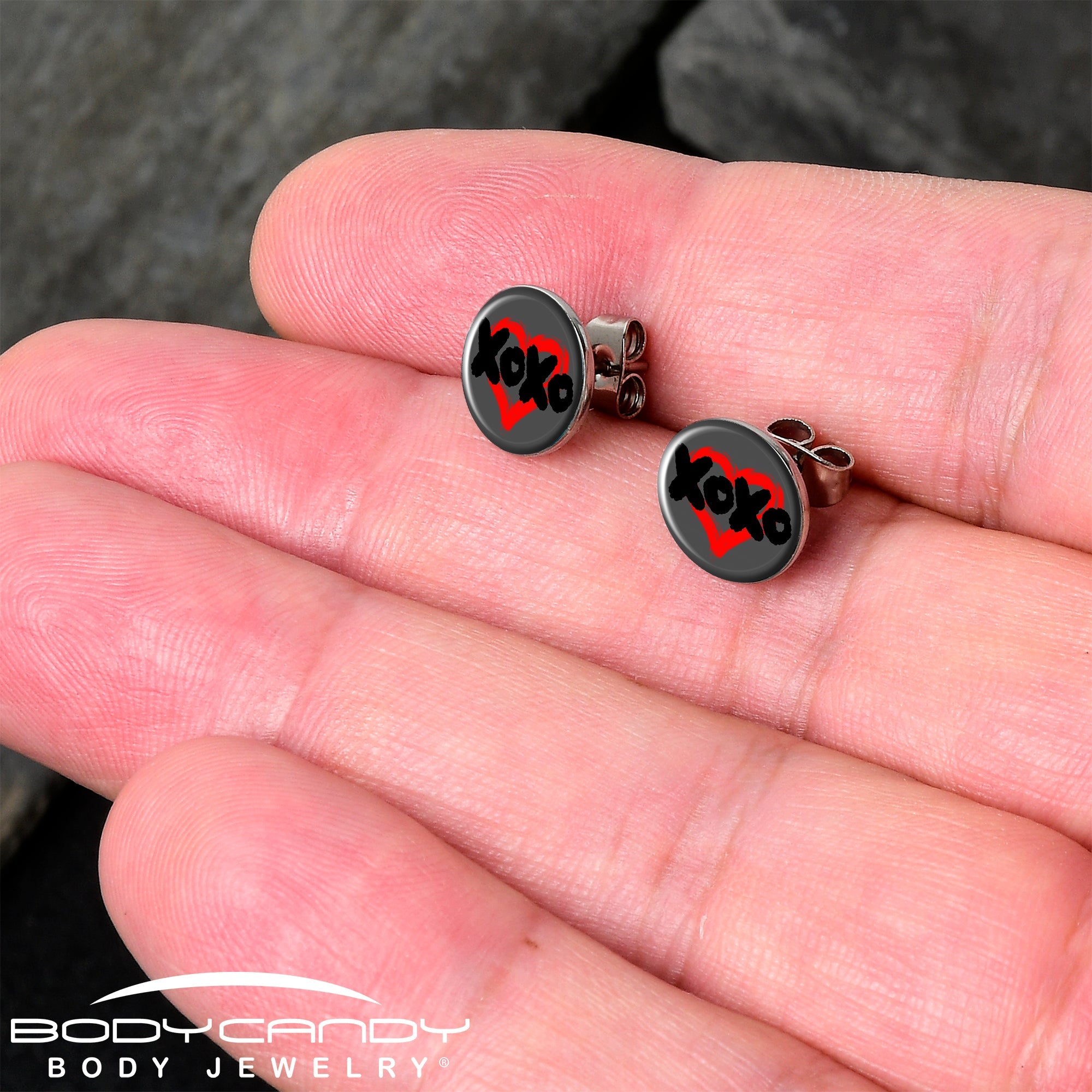 BodyCandy XOXO Heart Stud Earrings by Onyx O — detail close-up