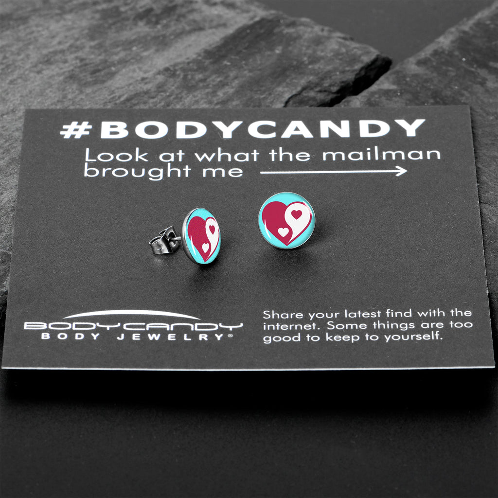 BodyCandy Love Yin Yang Heart Stud Earrings by Onyx O — in-use photo