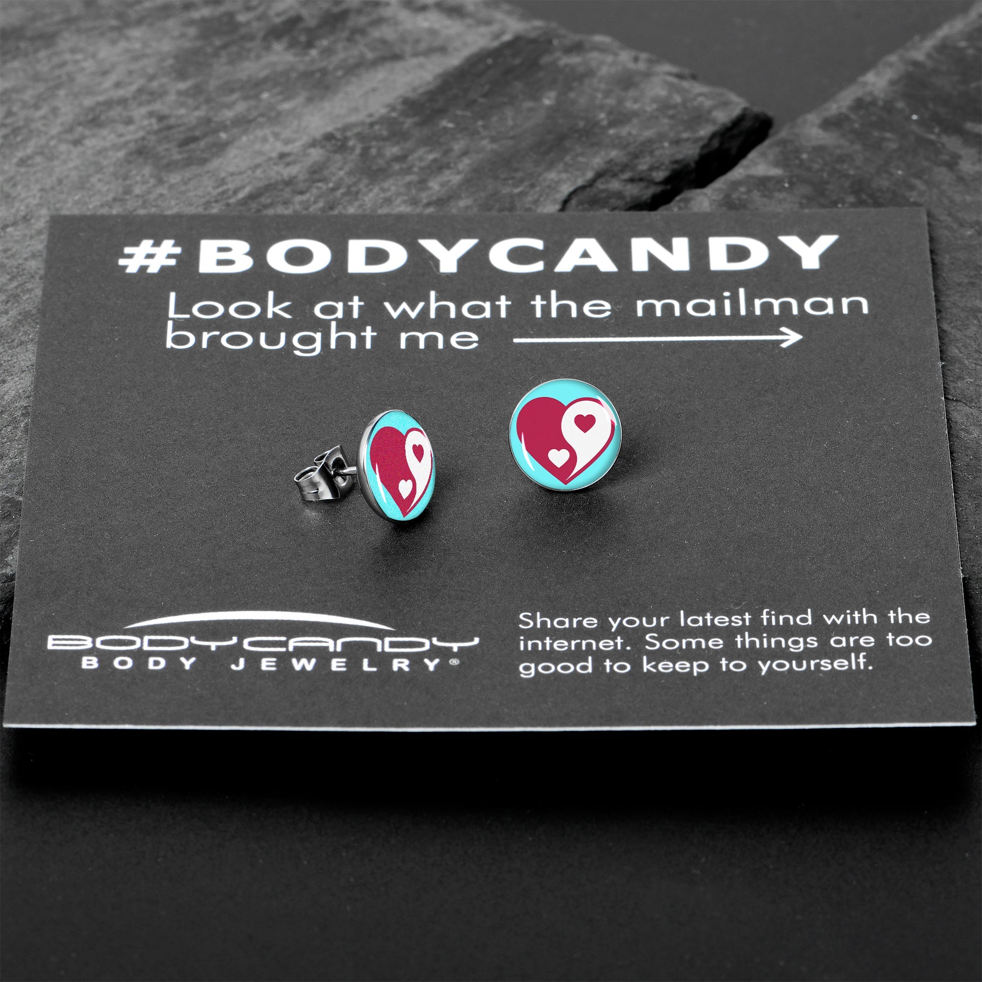 BodyCandy Love Yin Yang Heart Stud Earrings by Onyx O — in-use photo