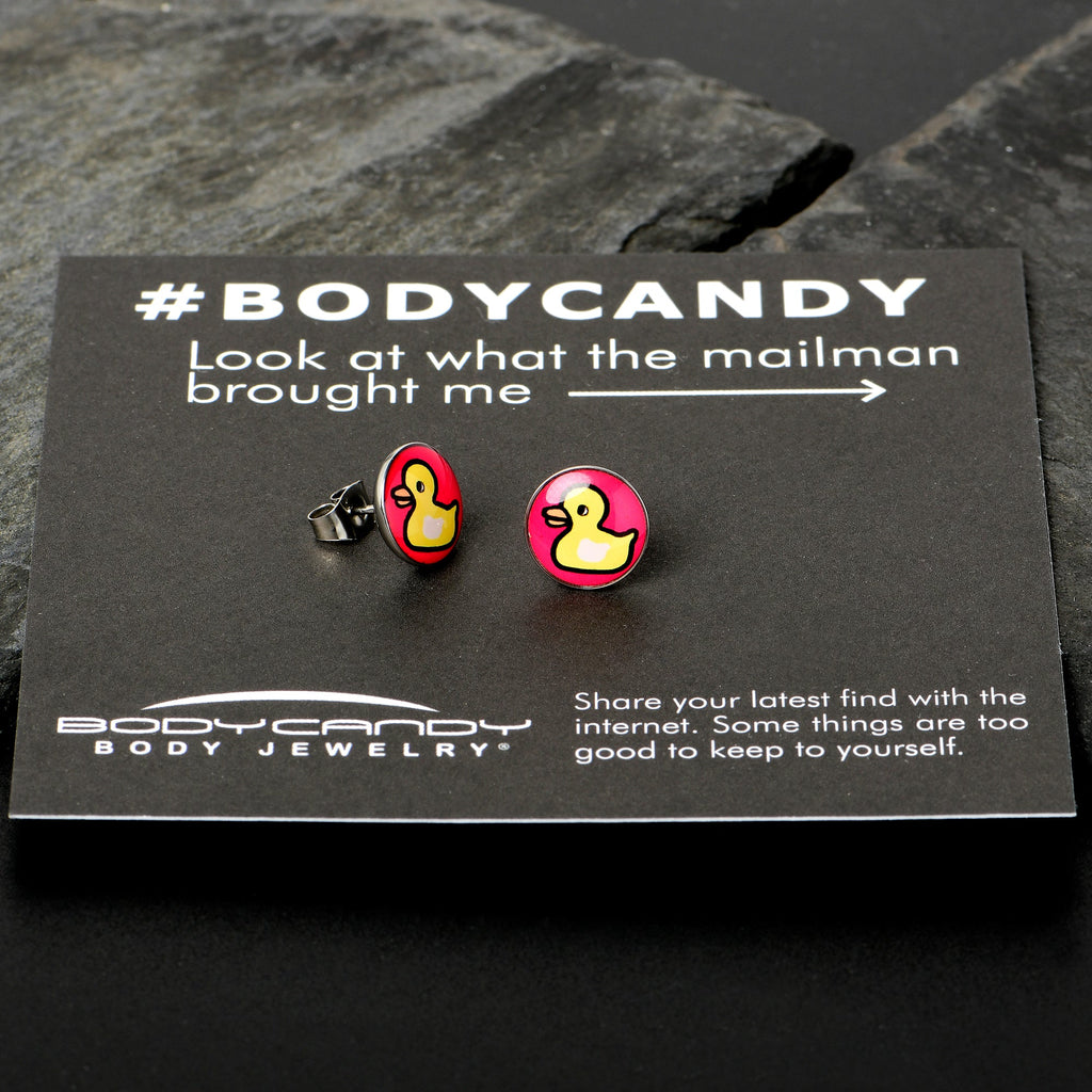 BodyCandy Yellow Ducky Stud Earrings by Onyx O — in-use photo