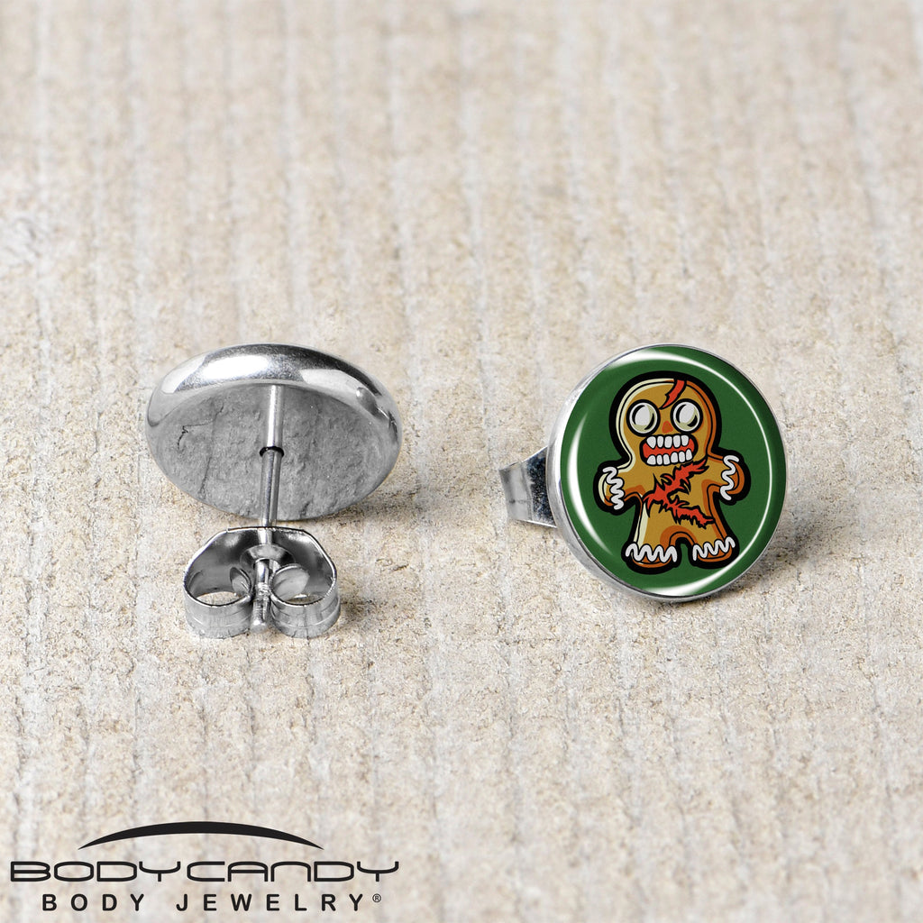 BodyCandy Christmas Holiday Zombie Gingergread Man Stud Earrings by Onyx O — back view