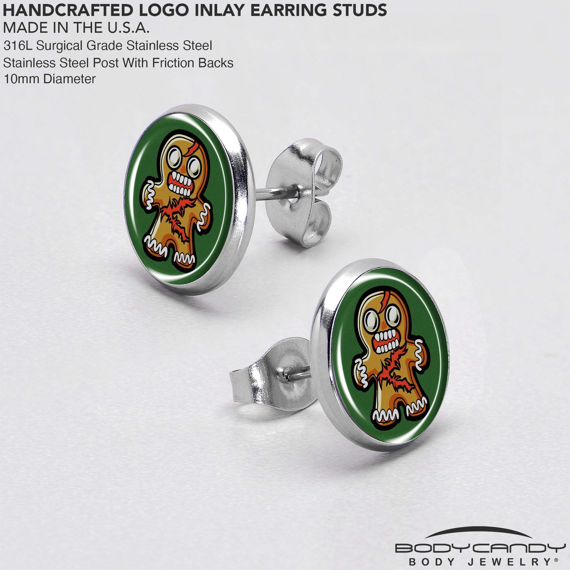 BodyCandy Christmas Holiday Zombie Gingergread Man Stud Earrings by Onyx O — in-use photo