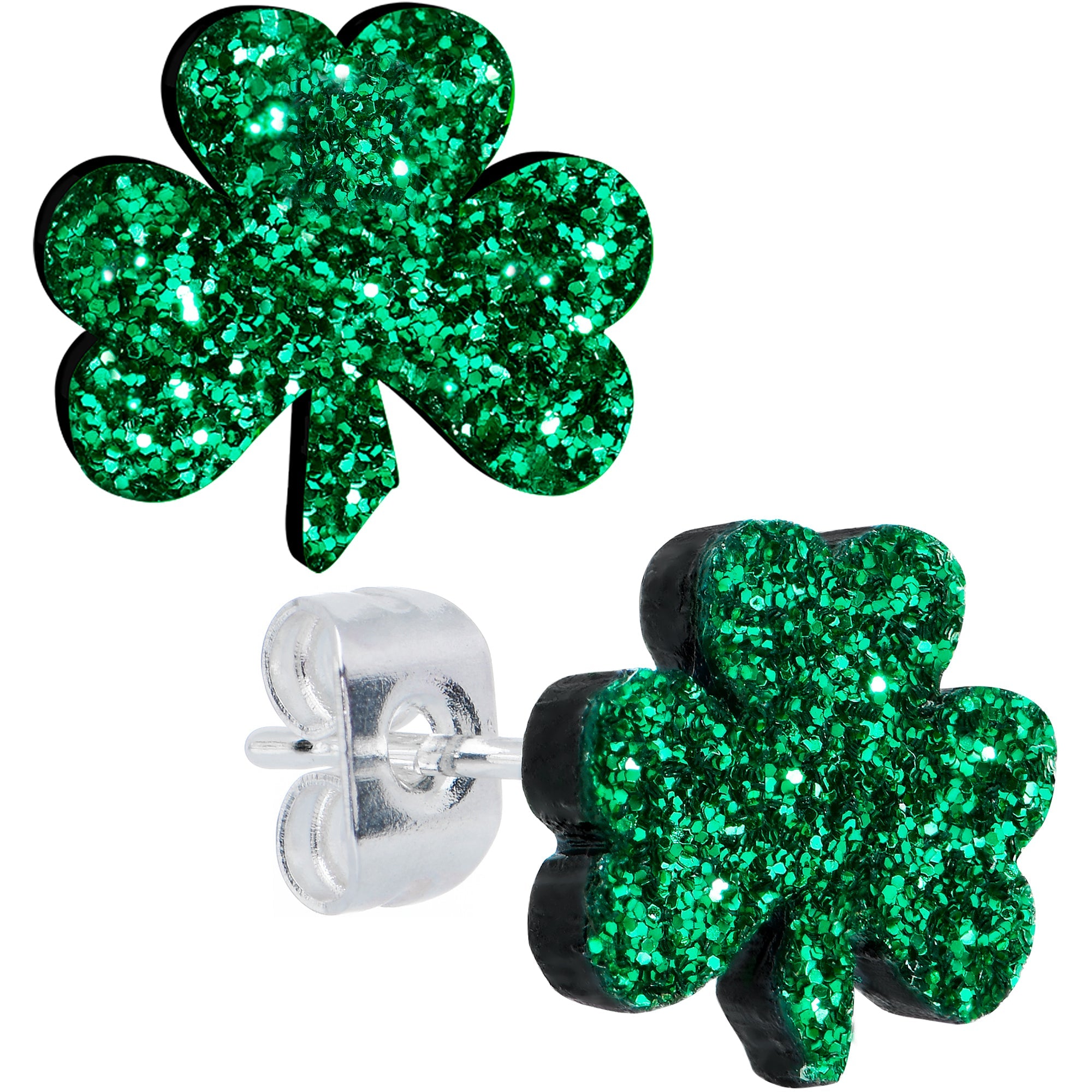 BodyCandy Stainless Steel Green Glitter Shamrock St Patricks Stud Earrings — main product shot