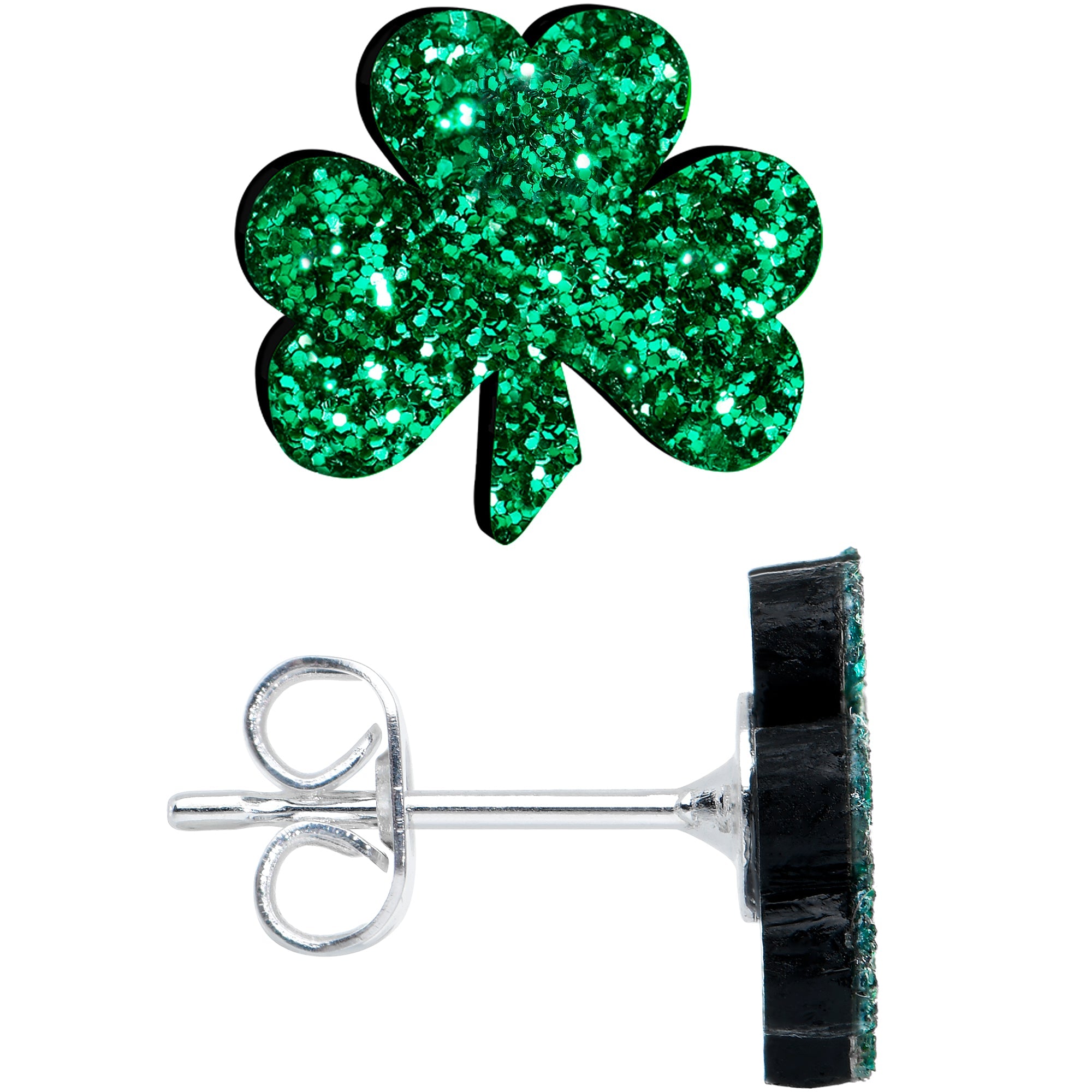 BodyCandy Stainless Steel Green Glitter Shamrock St Patricks Stud Earrings — detail close-up
