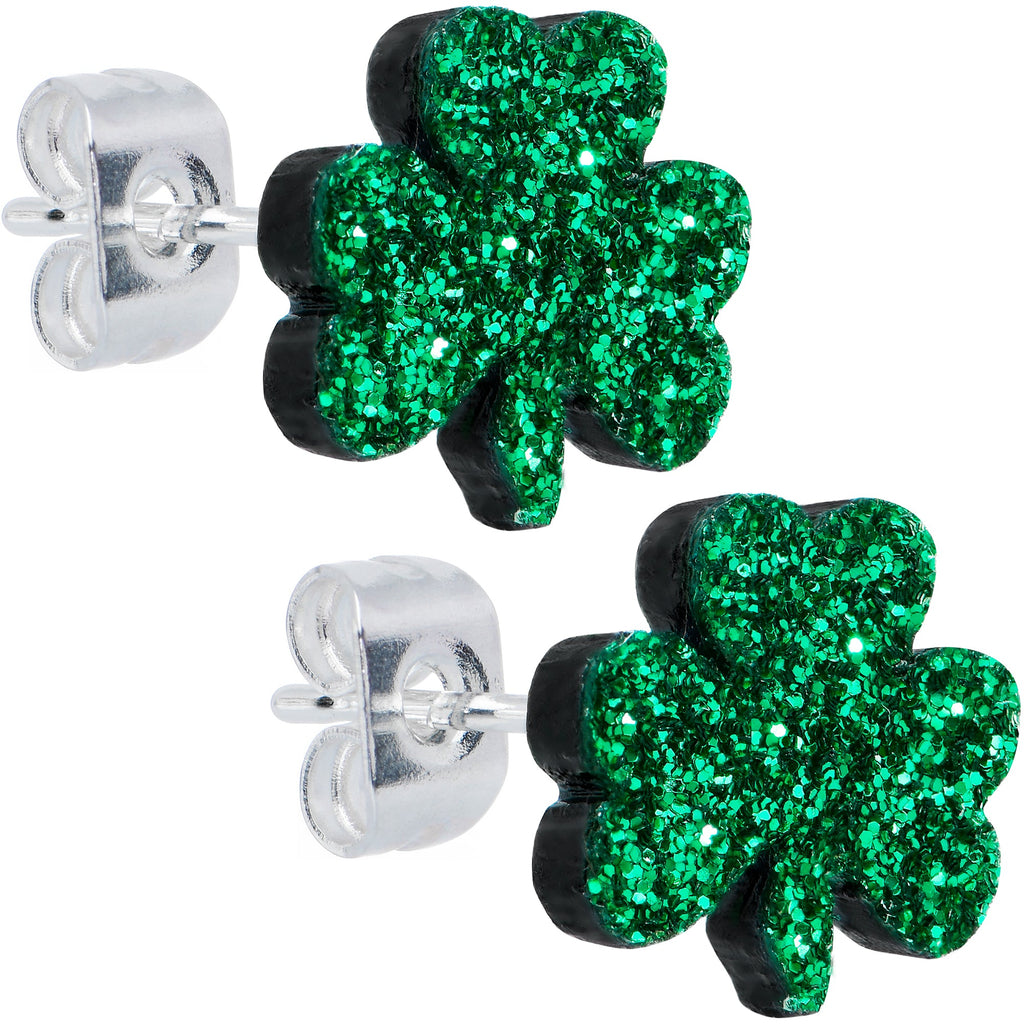 BodyCandy Stainless Steel Green Glitter Shamrock St Patricks Stud Earrings — lifestyle context