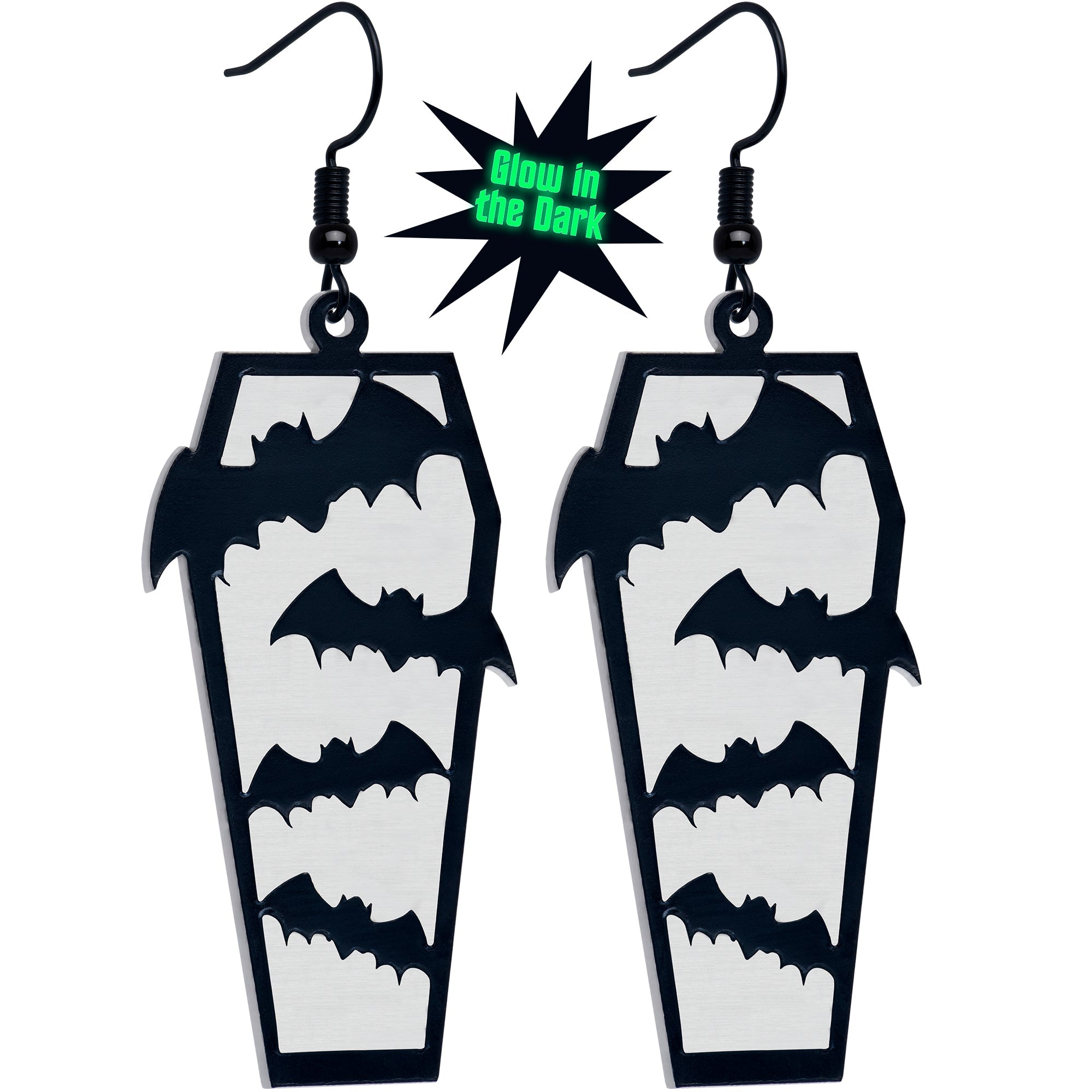 BodyCandy Black Bat Coffin Glow in the Dark Dangle Earrings by Onyx O — main product shot
