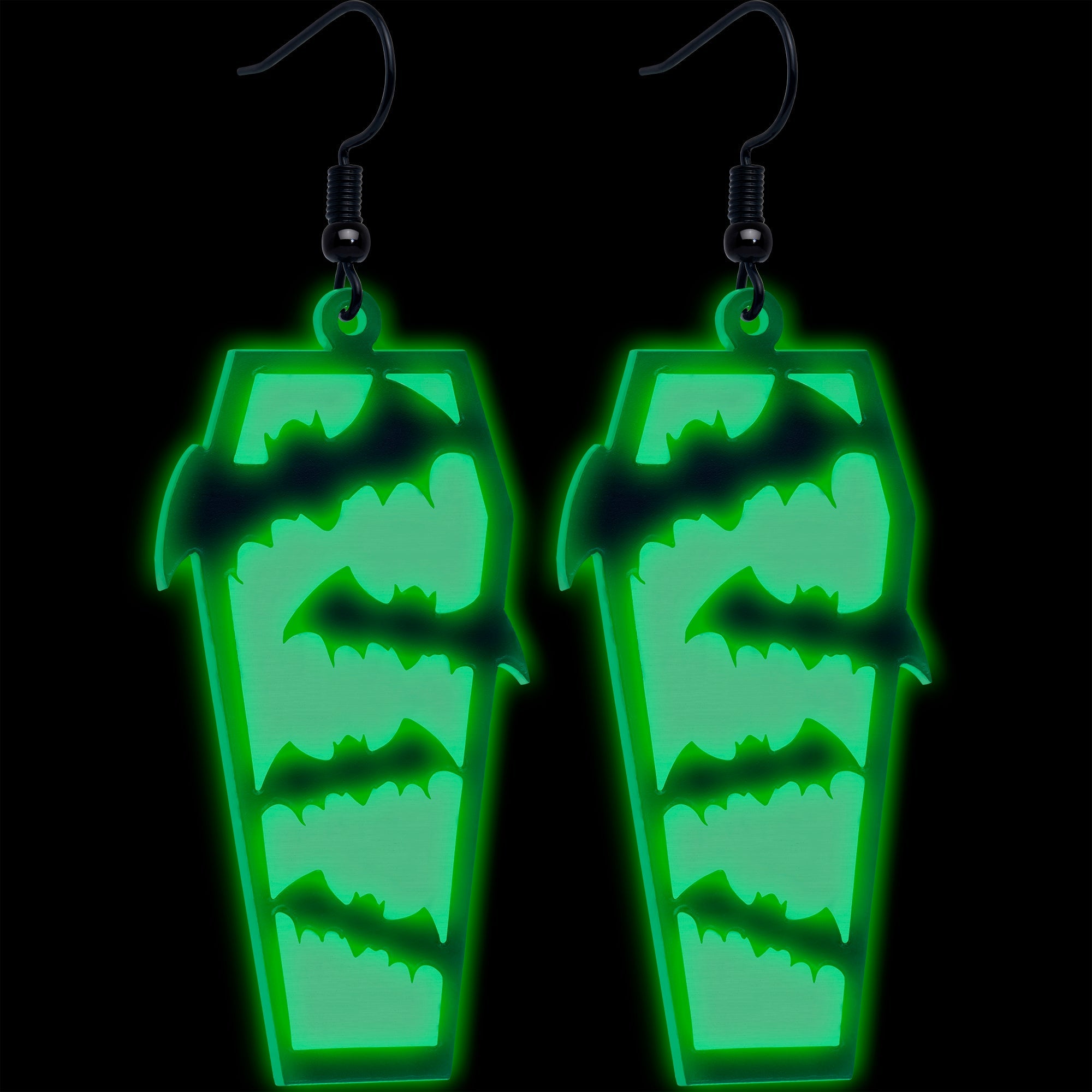 BodyCandy Black Bat Coffin Glow in the Dark Dangle Earrings by Onyx O — detail close-up