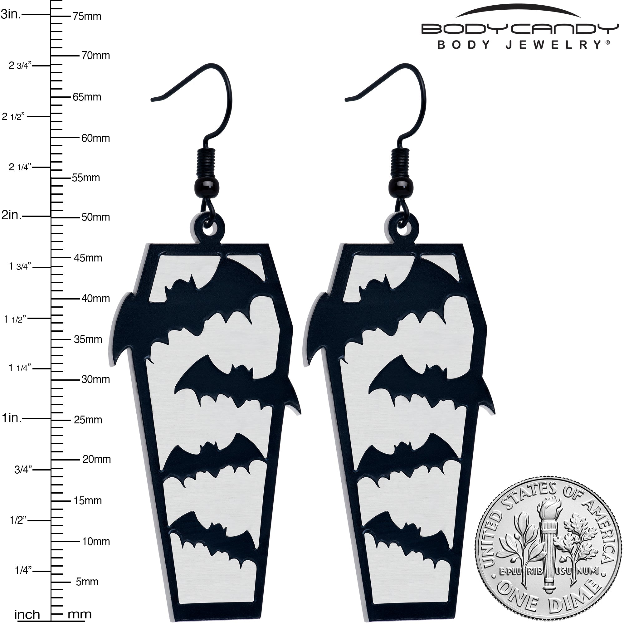 BodyCandy Black Bat Coffin Glow in the Dark Dangle Earrings by Onyx O — lifestyle context