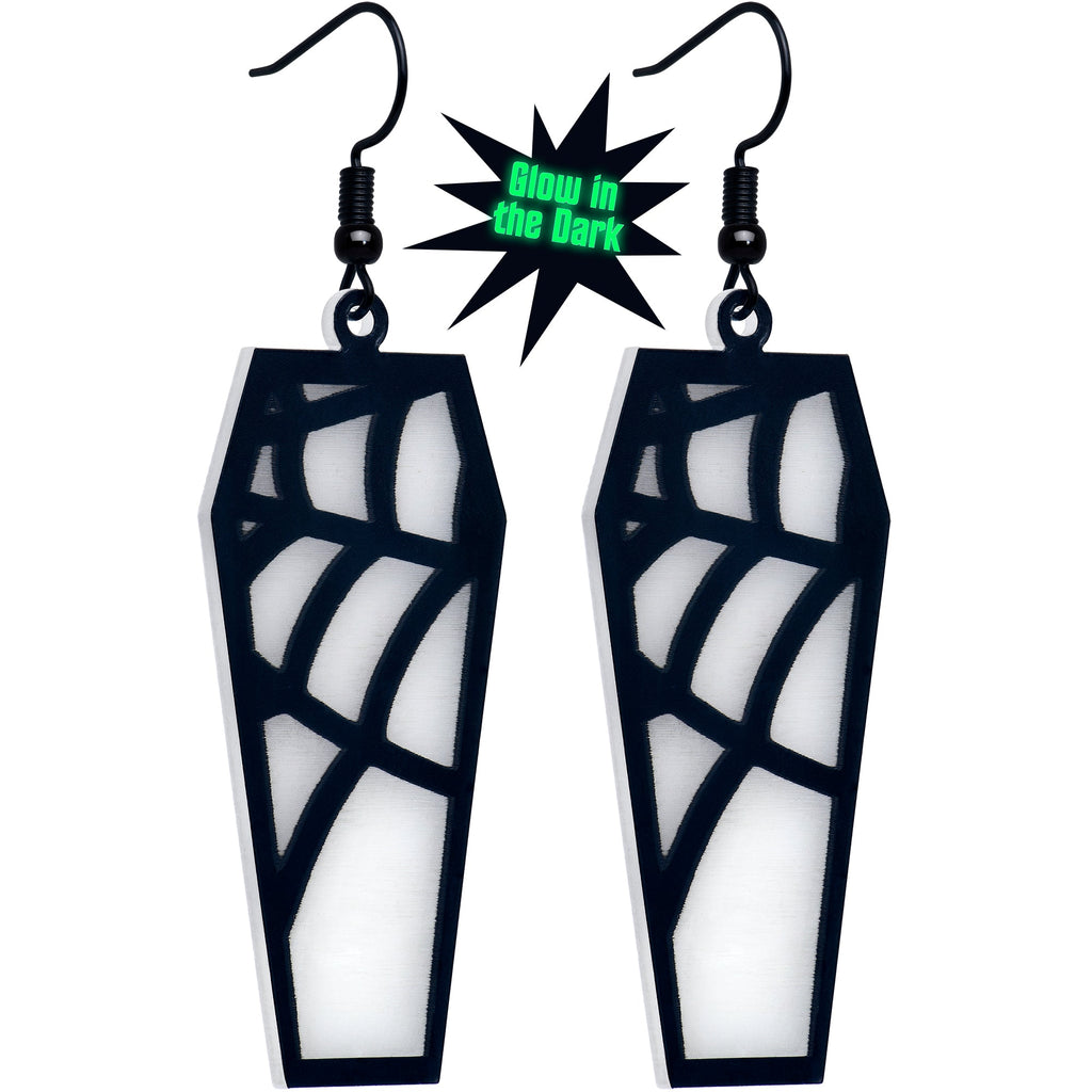 BodyCandy Black Spider Web Coffin Glow in the Dark Dangle Earrings by Onyx O — main product shot
