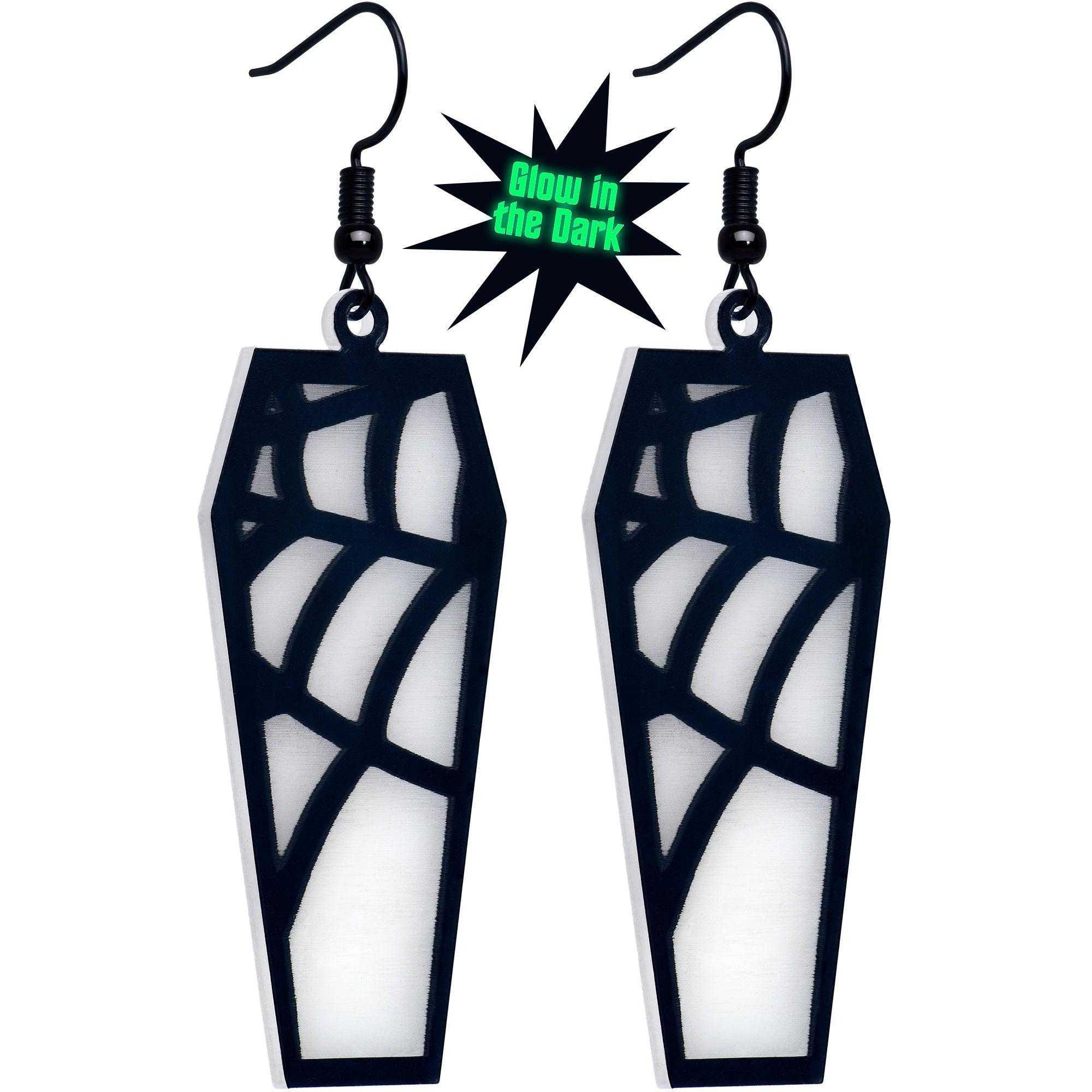 BodyCandy Black Spider Web Coffin Glow in the Dark Dangle Earrings by Onyx O — main product shot