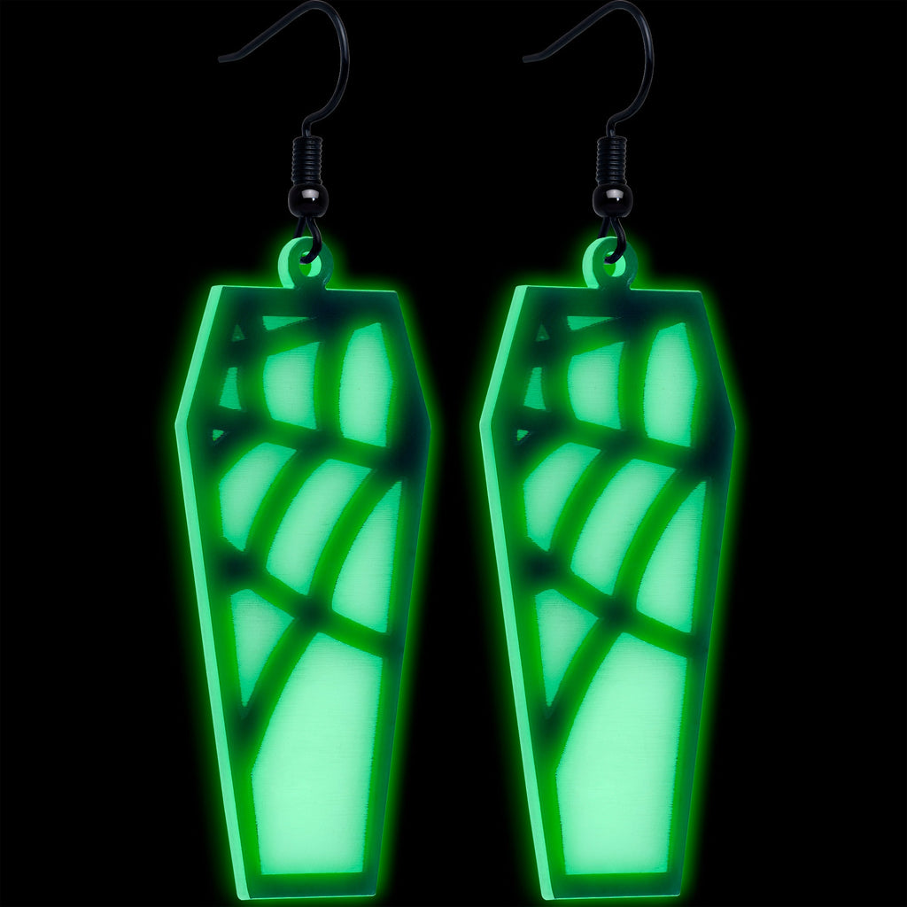 BodyCandy Black Spider Web Coffin Glow in the Dark Dangle Earrings by Onyx O — detail close-up
