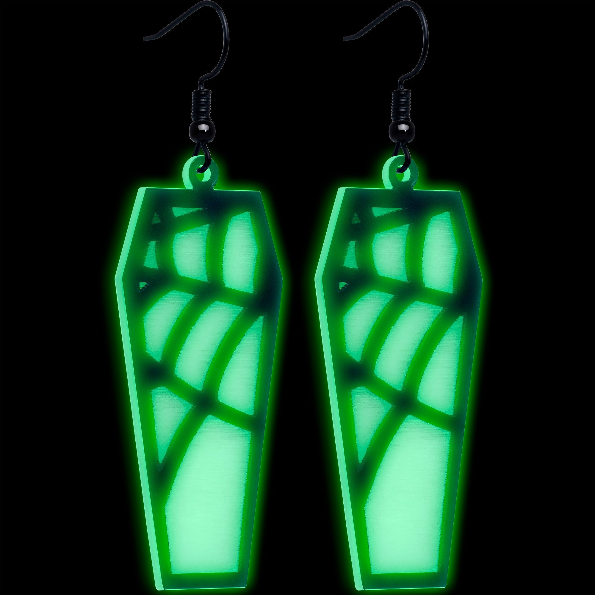 BodyCandy Black Spider Web Coffin Glow in the Dark Dangle Earrings by Onyx O — detail close-up