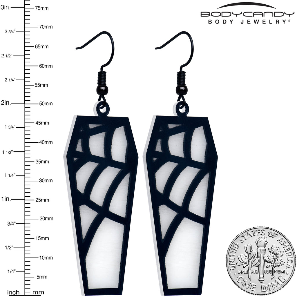 BodyCandy Black Spider Web Coffin Glow in the Dark Dangle Earrings by Onyx O — lifestyle context