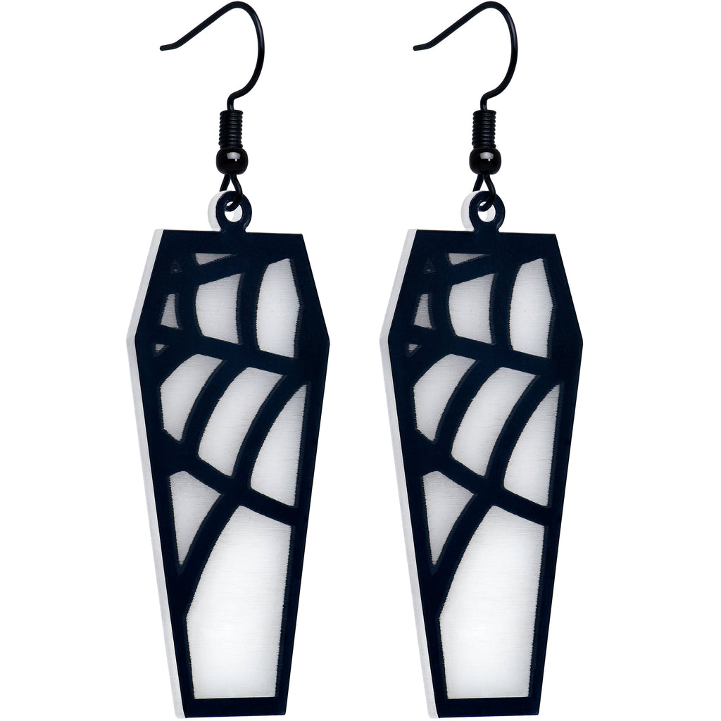 BodyCandy Black Spider Web Coffin Glow in the Dark Dangle Earrings by Onyx O — side view