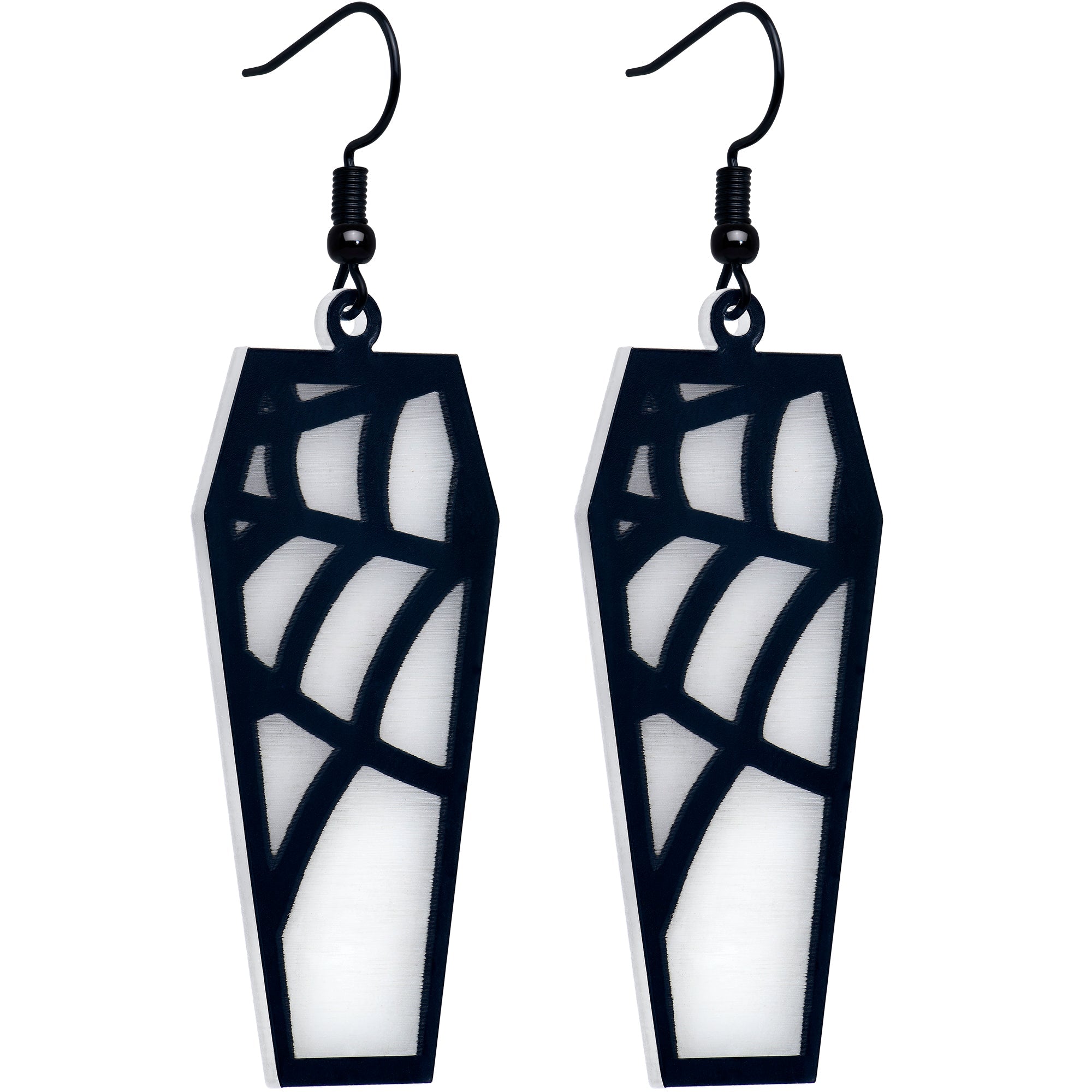 BodyCandy Black Spider Web Coffin Glow in the Dark Dangle Earrings by Onyx O — side view