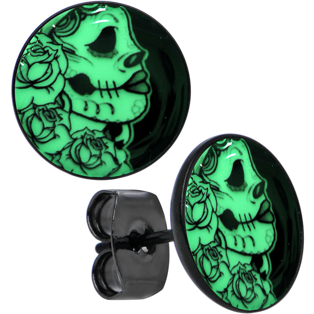 BodyCandy Black Anodized Gothic Rose Flower Skull Glow in the Dark Stud Earrings — detail close-up