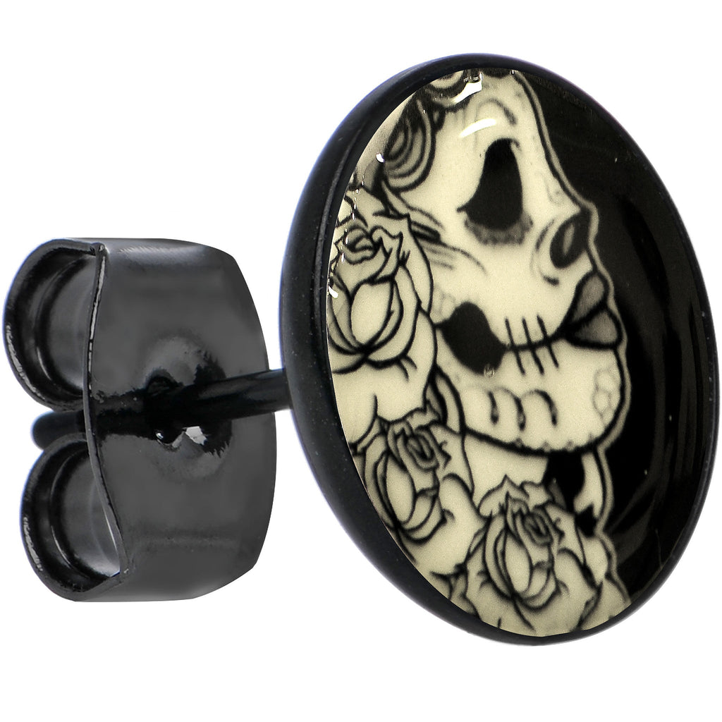 BodyCandy Black Anodized Gothic Rose Flower Skull Glow in the Dark Stud Earrings — in-use photo