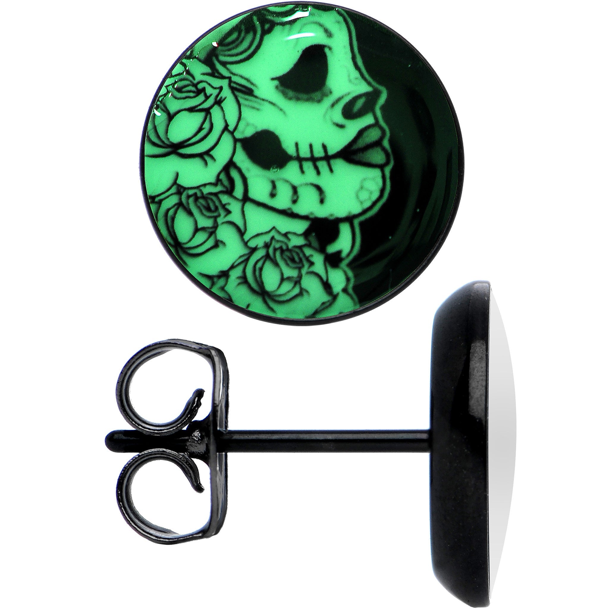 BodyCandy Black Anodized Gothic Rose Flower Skull Glow in the Dark Stud Earrings — alternative angle