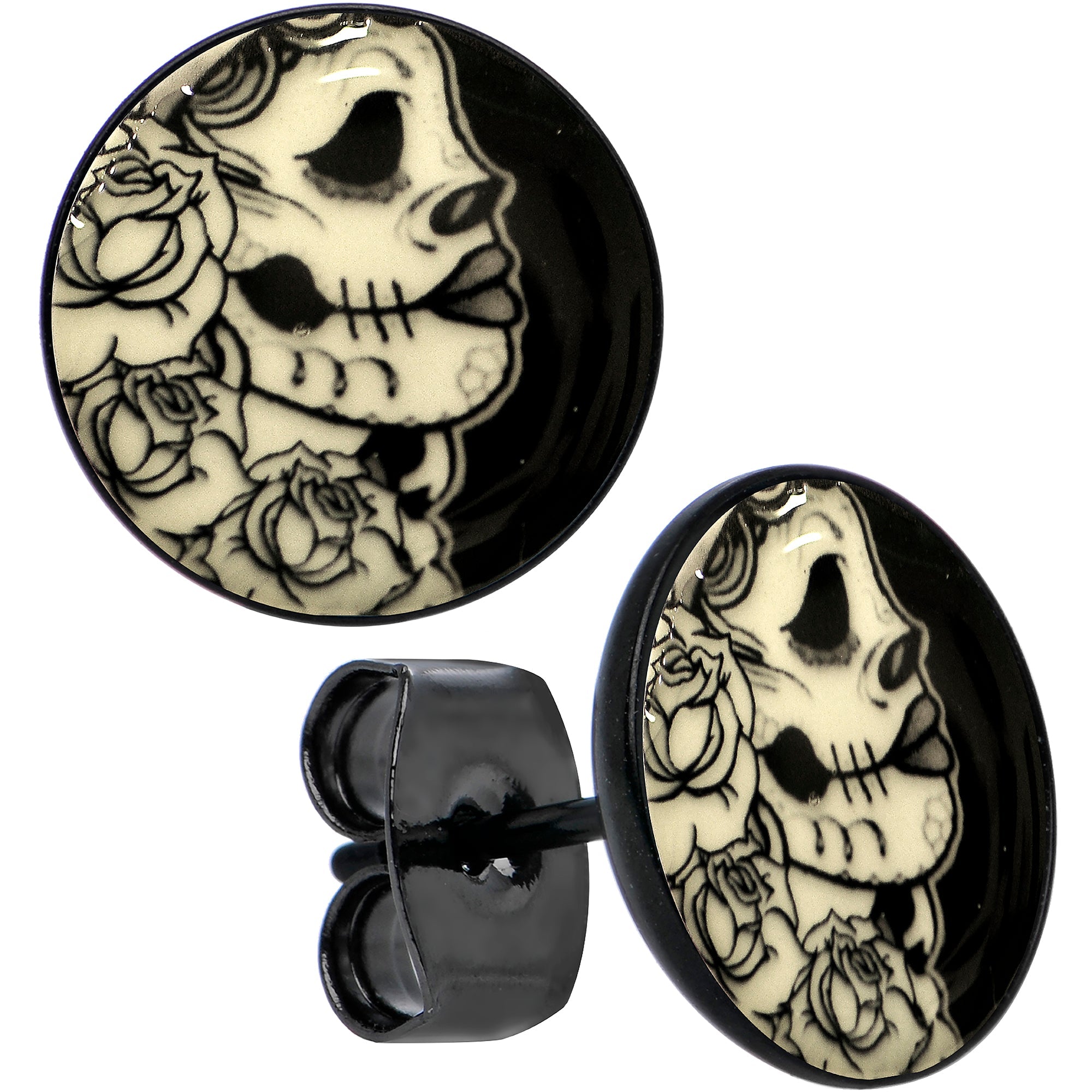 BodyCandy Black Anodized Gothic Rose Flower Skull Glow in the Dark Stud Earrings — lifestyle context