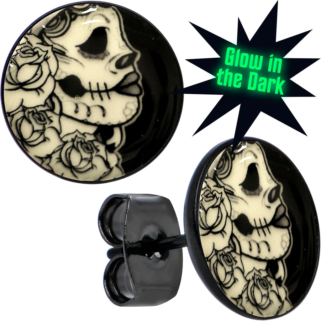 BodyCandy Black Anodized Gothic Rose Flower Skull Glow in the Dark Stud Earrings — main product shot